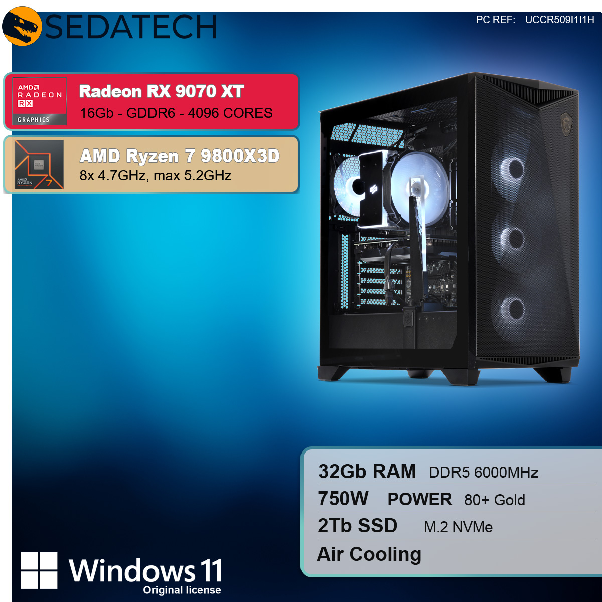 Case PC nero, che mostra Radeon RX 9070 XT e specifiche AMD Ryzen 7 9800X3D e altri componenti.
