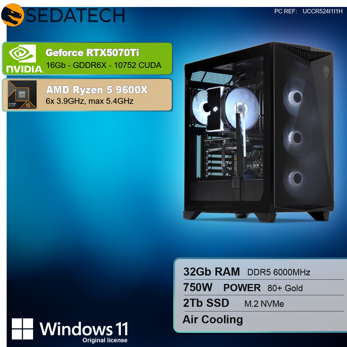 Un case per computer con componenti. Il testo mostra le specifiche: RTX 5070Ti, Ryzen 5 9600X, 32 GB RAM, 2 TB SSD.