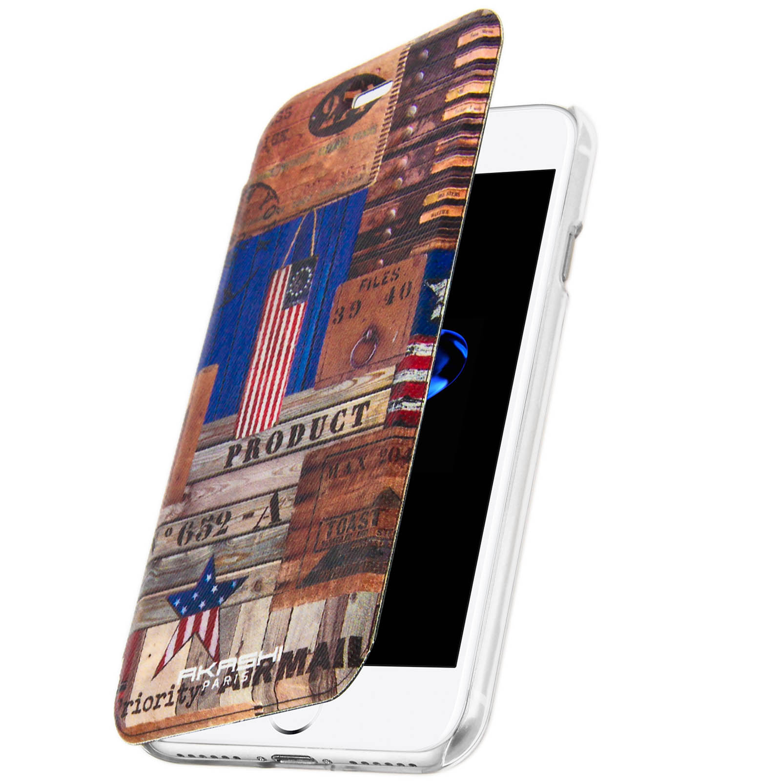 Un iPhone in una custodia con un design della bandiera americana su sfondo di legno. Sfondo bianco.