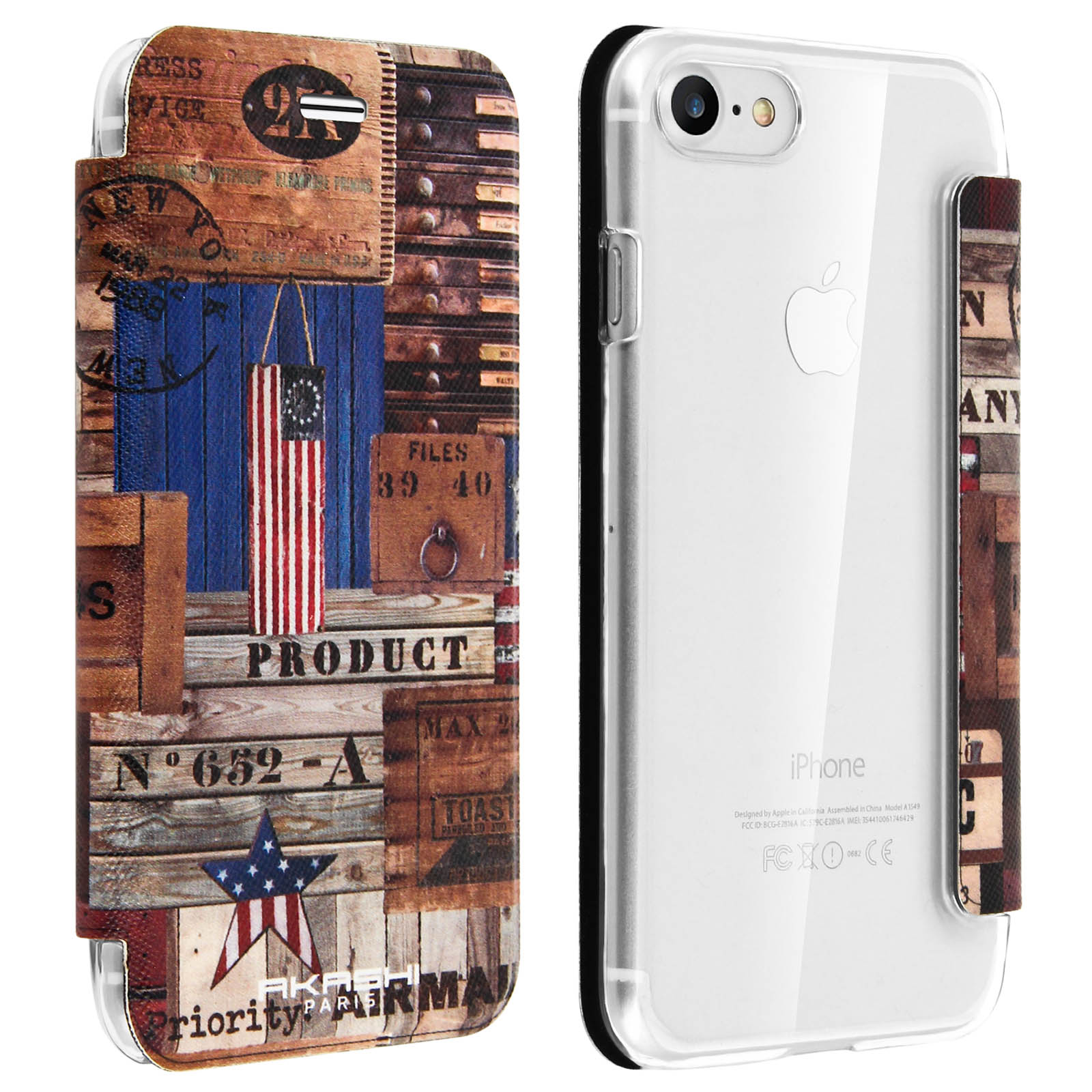 Custodia iPhone con collage di texture di legno, bandiera americana e logo Apple.