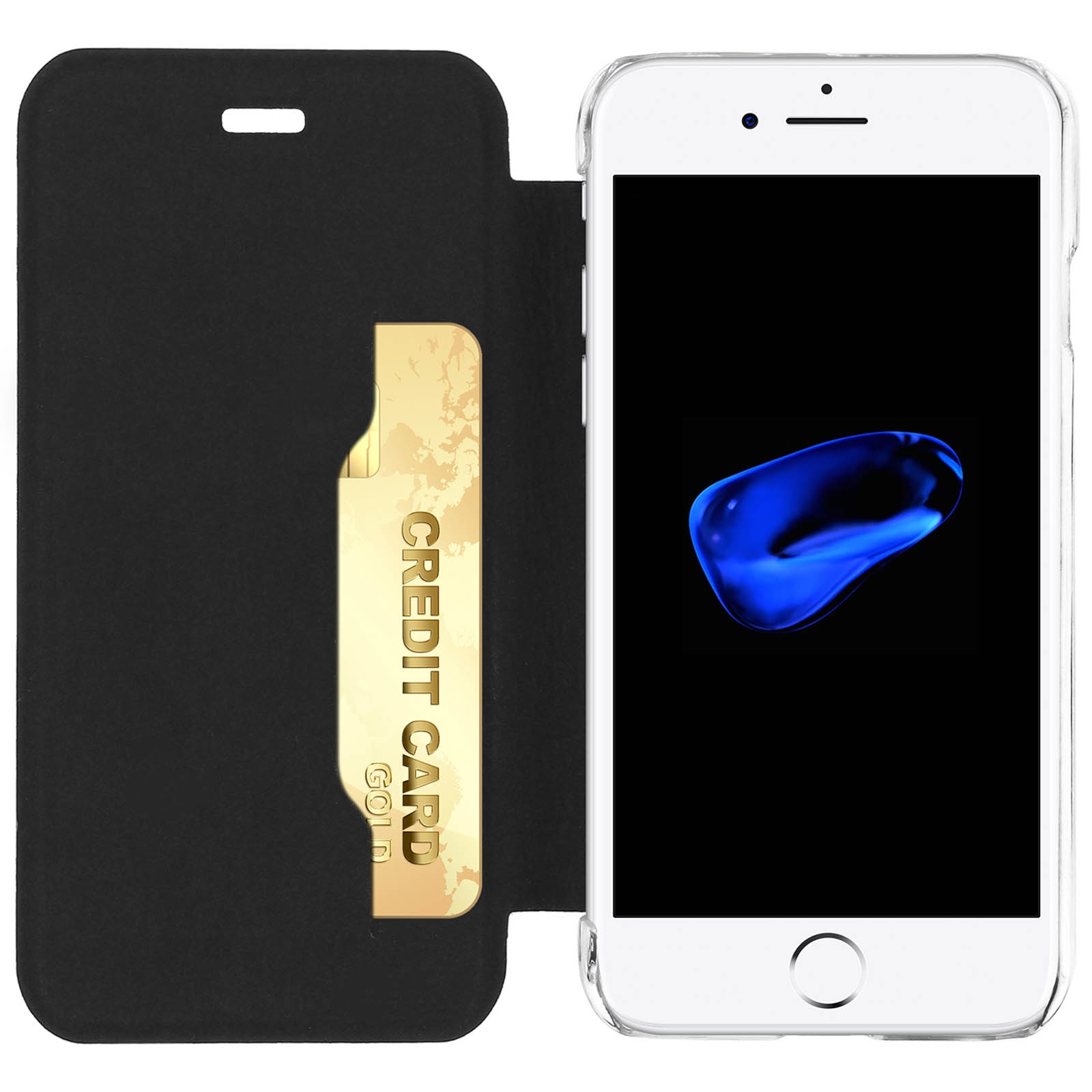 Un telefono bianco con schermo nero con forma astratta blu, in custodia in pelle nera con fessura per carte.