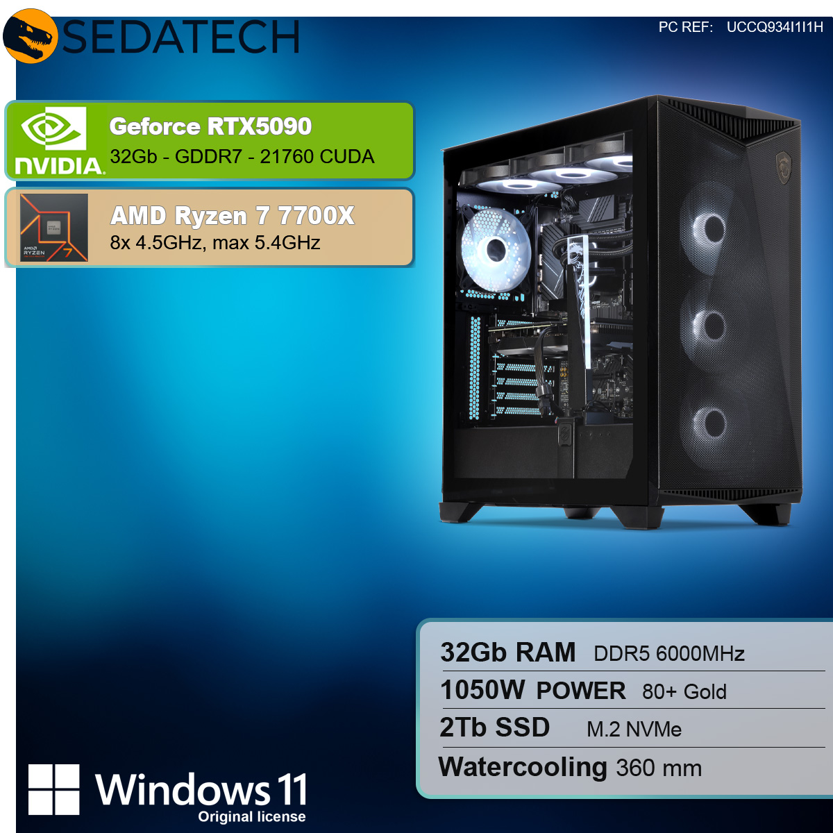 PC da gioco con descrizione dei componenti. Include RTX 5090, Ryzen 7 7700X e Windows 11.