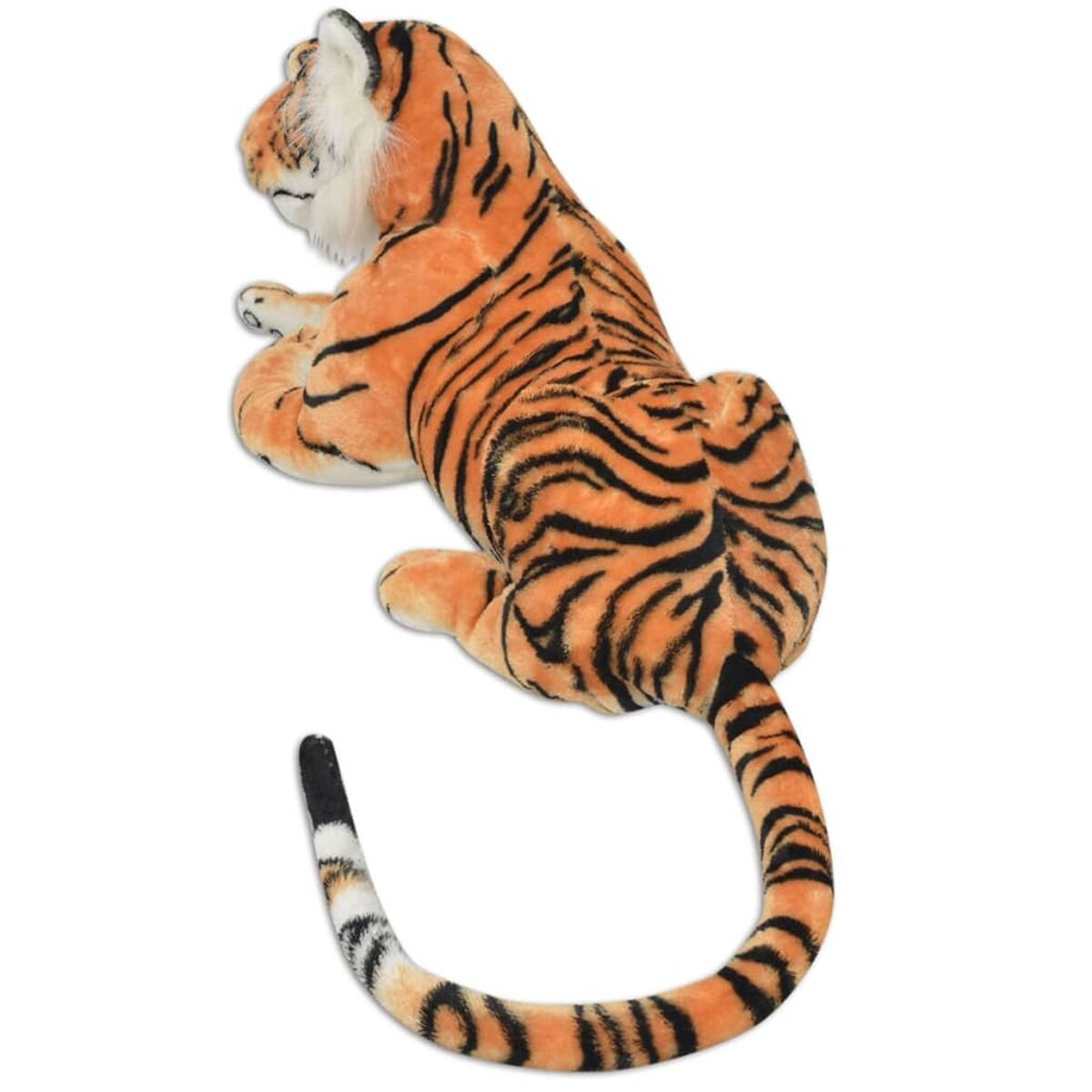 Ein orangefarbener Plüschtiger mit schwarzen Streifen liegt auf weißem Hintergrund.