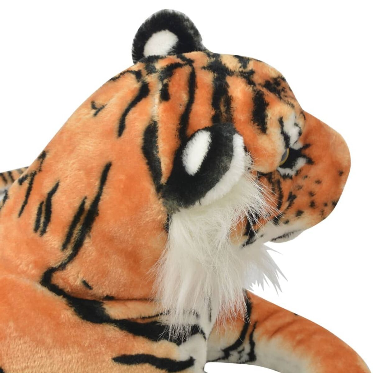 Ein orangefarbener Plüschtiger mit schwarzen Streifen und weißem Fell.