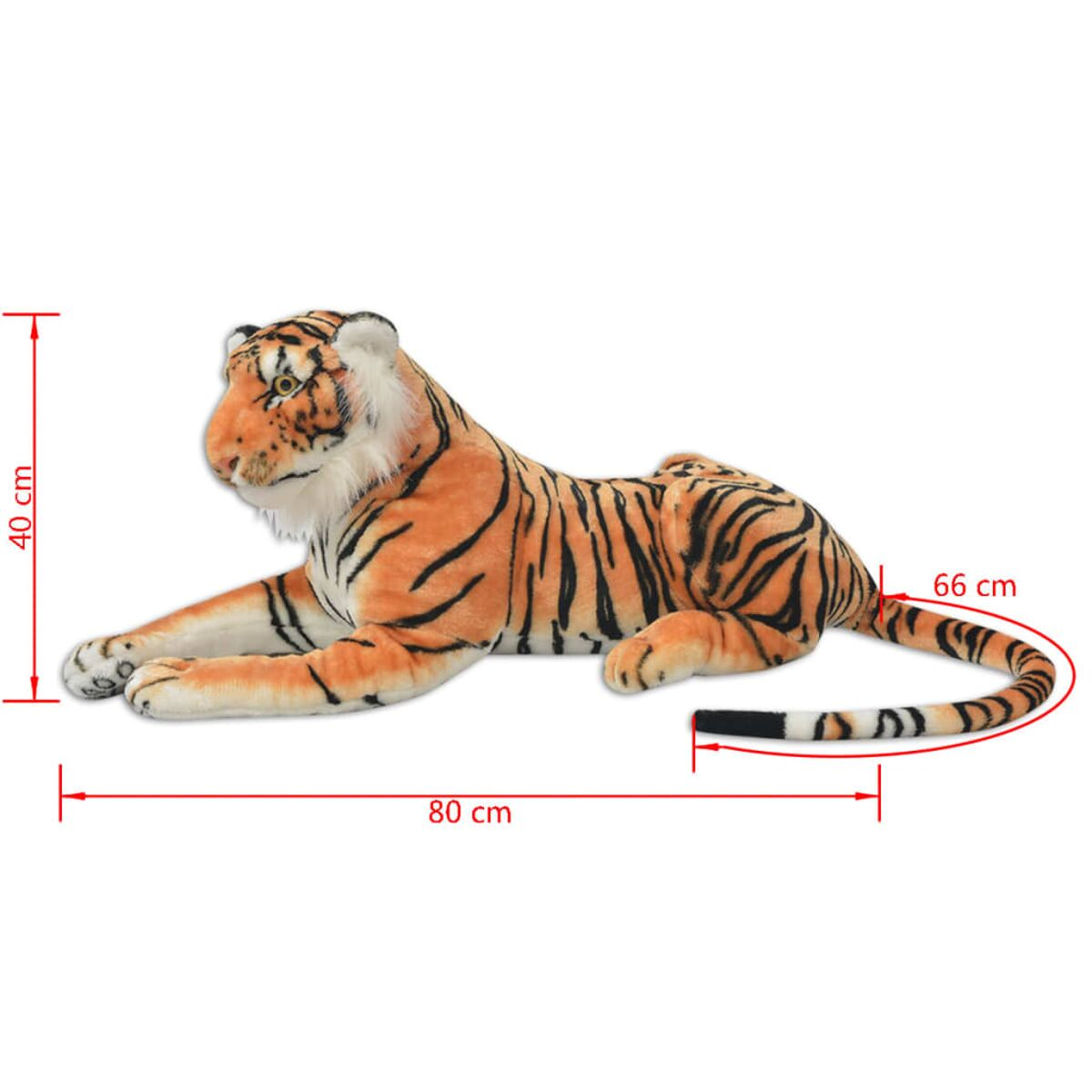 Ein orange-schwarzer Plüschtiger liegt, Maße sind angegeben.