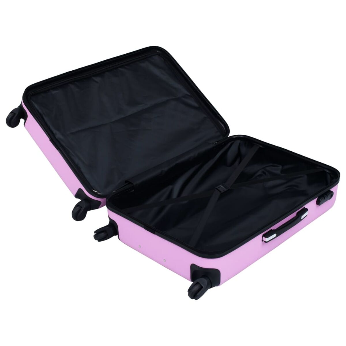 Valigia rosa aperta con interno nero. La valigia è aperta, mostrando cinghie e un vano con zip.