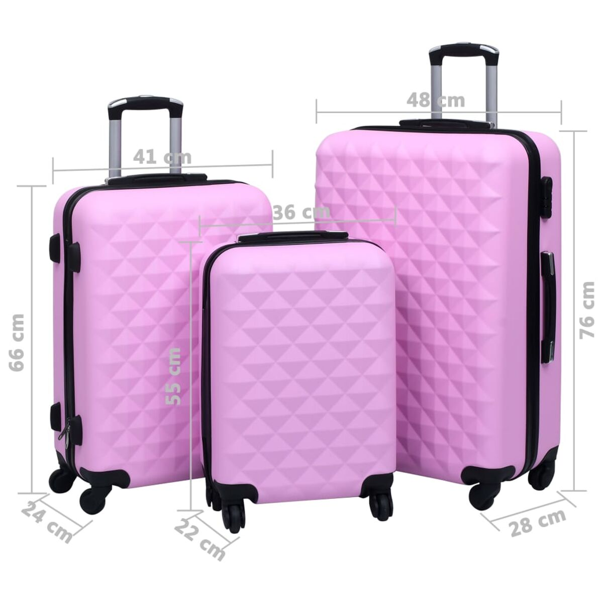 Tre valigie rosa di diverse dimensioni con ruote e manici.