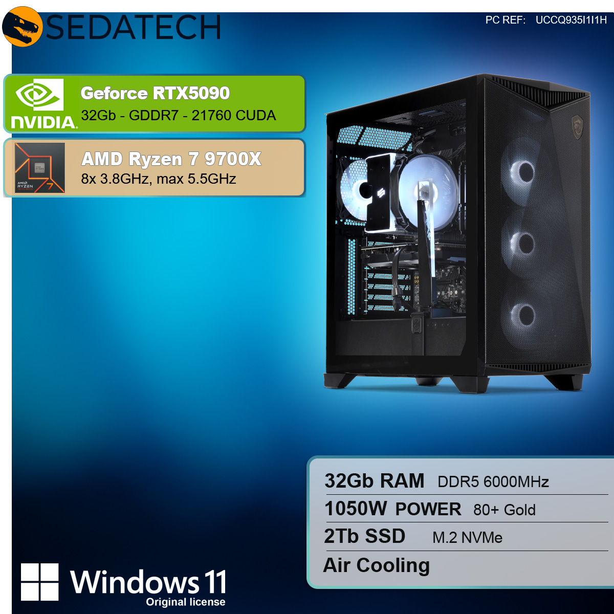 PC gaming con info componenti: GeForce RTX5090, AMD Ryzen 7 9700X, 32GB RAM, 1050W, 2TB SSD.
