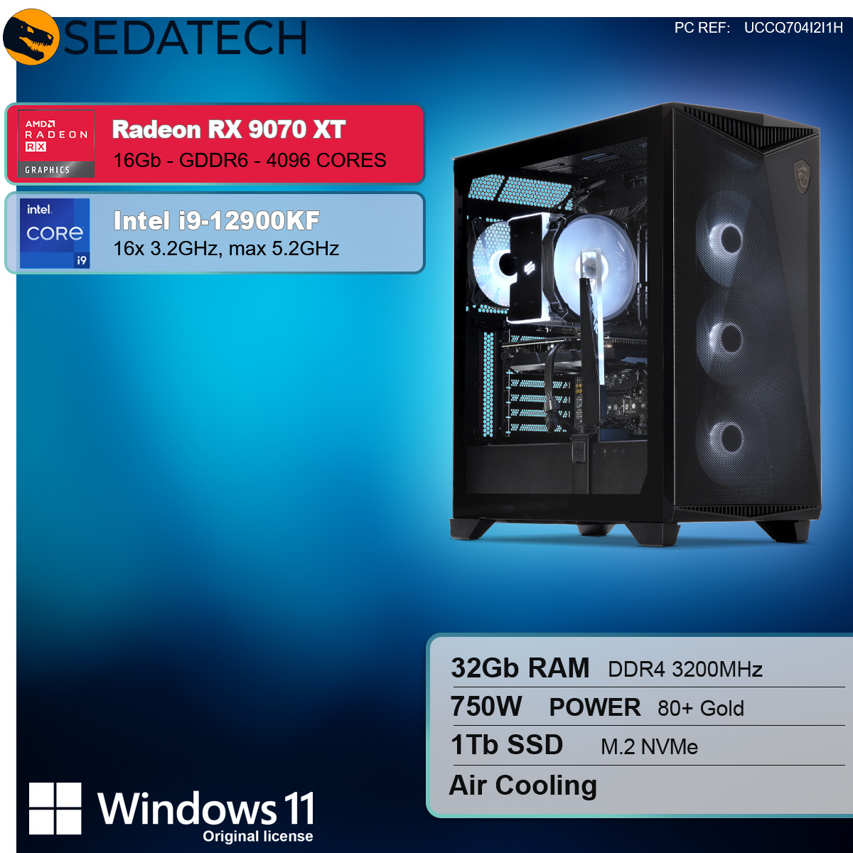 Obudowa komputera stacjonarnego z oznaczonymi komponentami, w tym kartą graficzną i specyfikacją procesora.