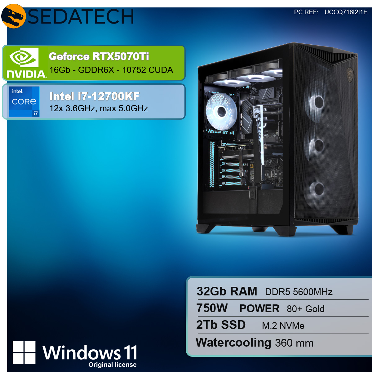 Computer con GeForce RTX 5070Ti, Intel i7-12700KF, 32GB RAM, 2TB SSD e Windows 11.