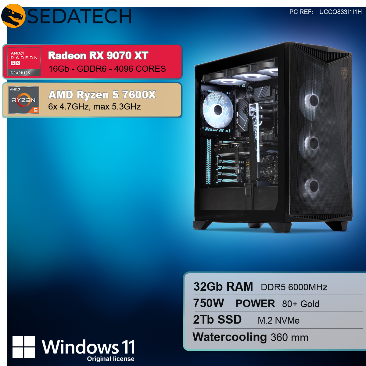 Case per computer nero con componenti, caselle di testo con specifiche, isolato su sfondo bianco.