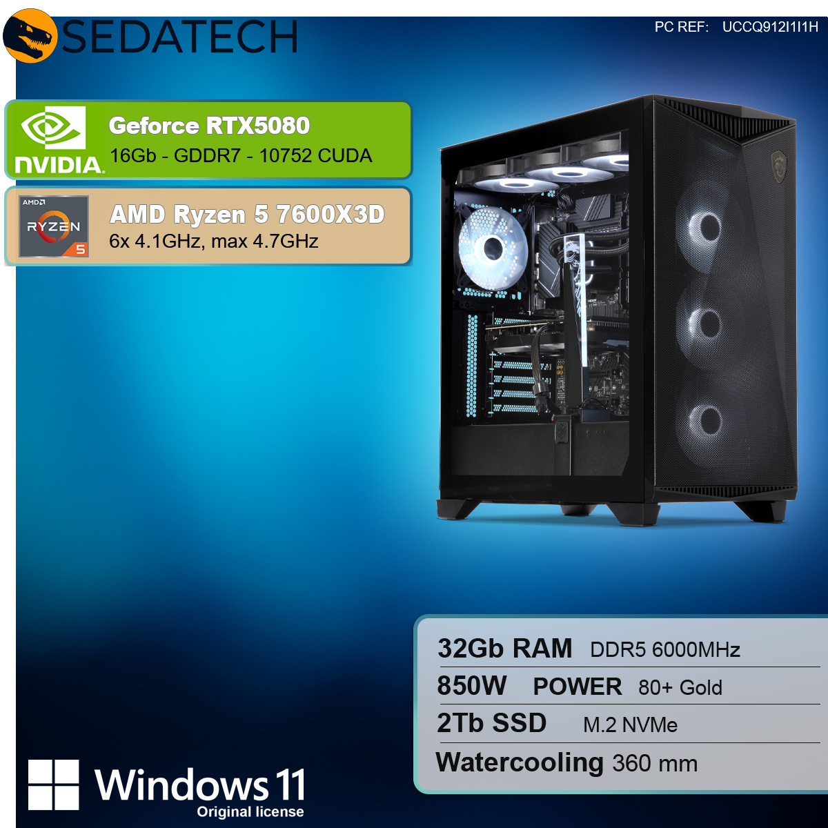 Un computer con componenti interni etichettati ed evidenziati. Include specifiche, testo e il logo di Windows 11.