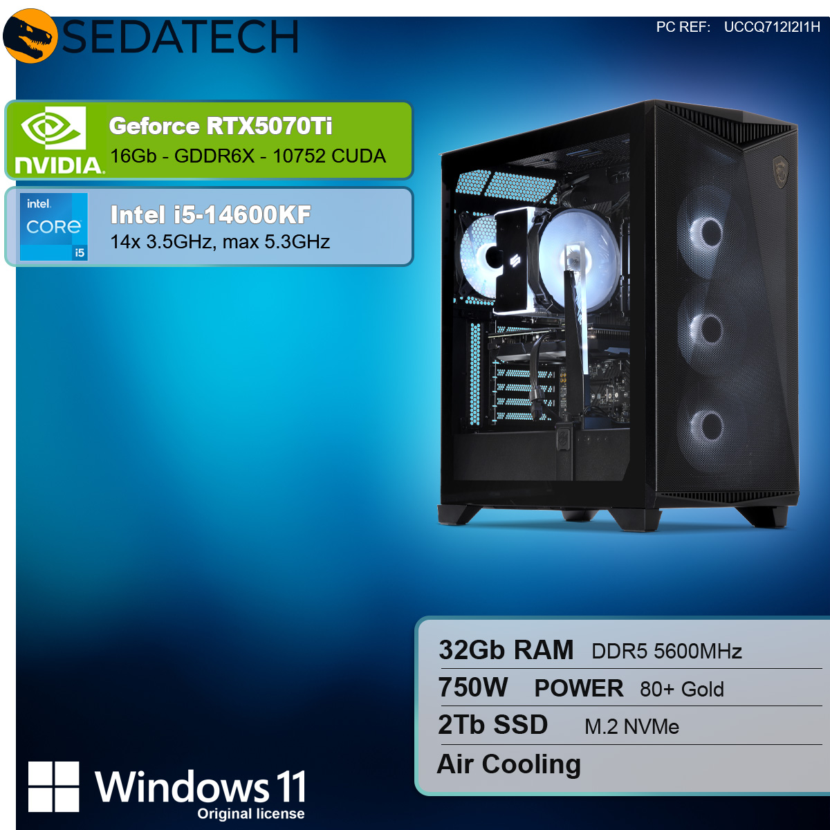 Case di computer nero con componenti. Dettagli testo su GeForce RTX5070Ti e i5.