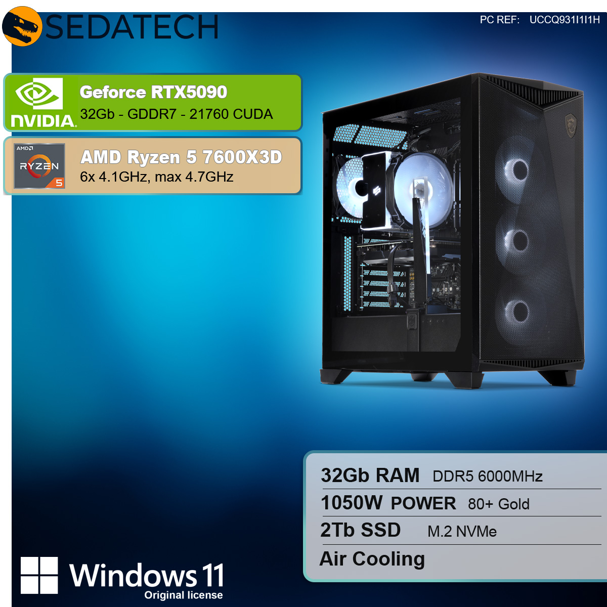 PC nero con componenti, Nvidia GeForce RTX 5090, AMD Ryzen 5 7600X3D, sfondo bianco.