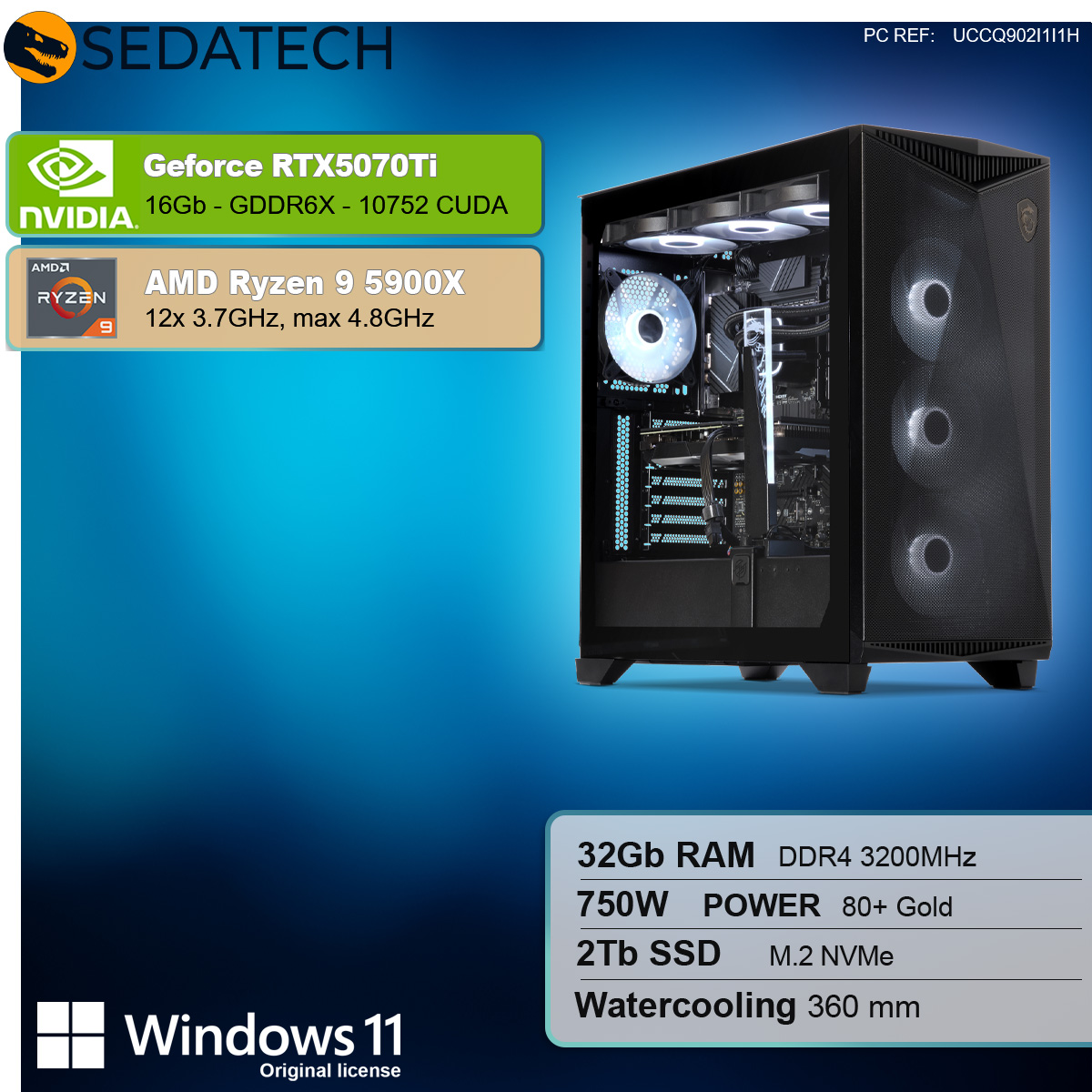 PC gaming con specifiche: RTX 5070Ti, Ryzen 9 5900X, 32 GB RAM, 2 TB SSD.