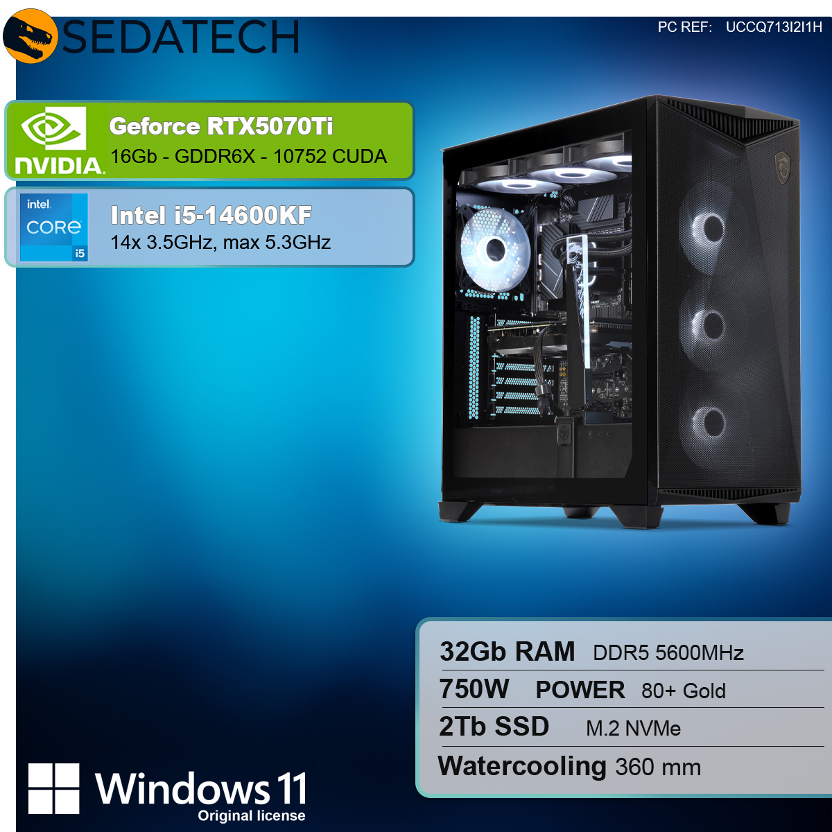 Komputer do gier z etykietami komponentów. Tekst o Nvidia GeForce RTX, Intel i5, RAM, SSD i zasilaniu.