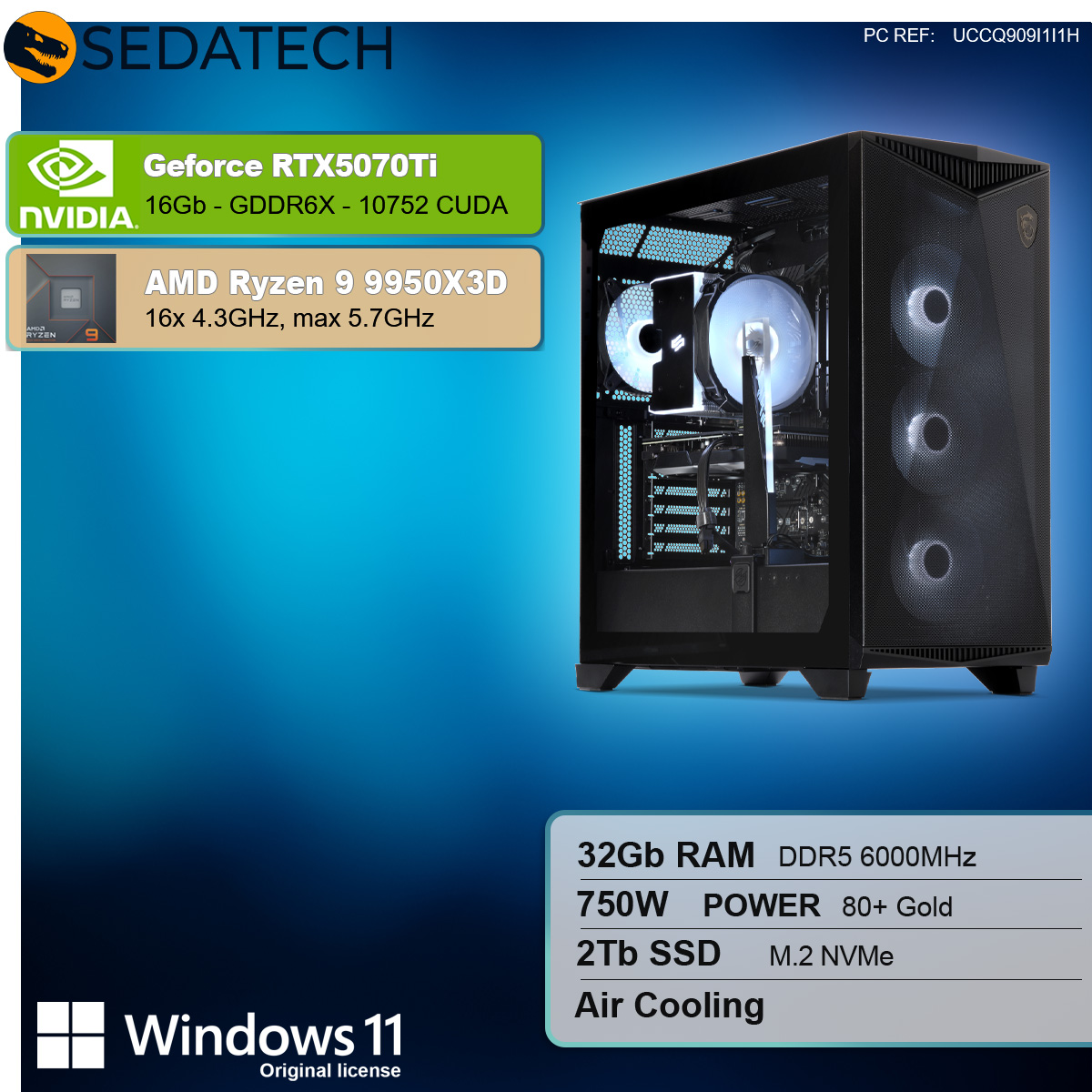 PC z GeForce RTX5070Ti, AMD Ryzen 9 9950X3D, 32GB RAM, 2TB SSD i chłodzeniem powietrzem.