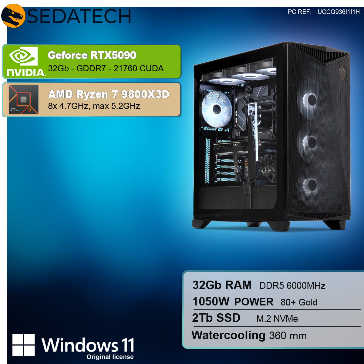 PC da gioco con specifiche: GeForce RTX 5090, AMD Ryzen 7 9800X3D, 32GB RAM, 1050W Power, 2TB SSD.