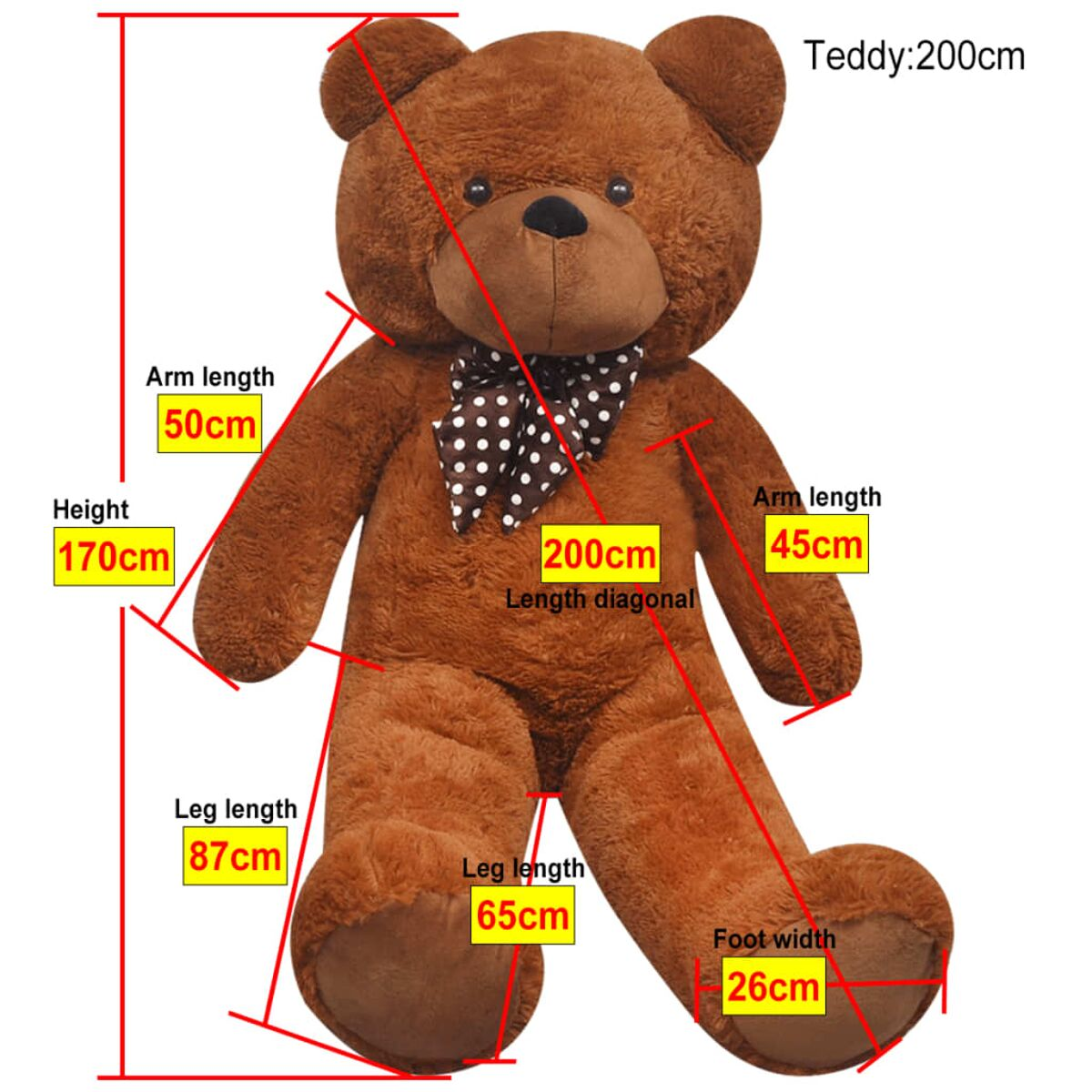Ein großer brauner Teddybär mit Maßangaben: Höhe 170cm, Länge 200cm, Arm 50cm.