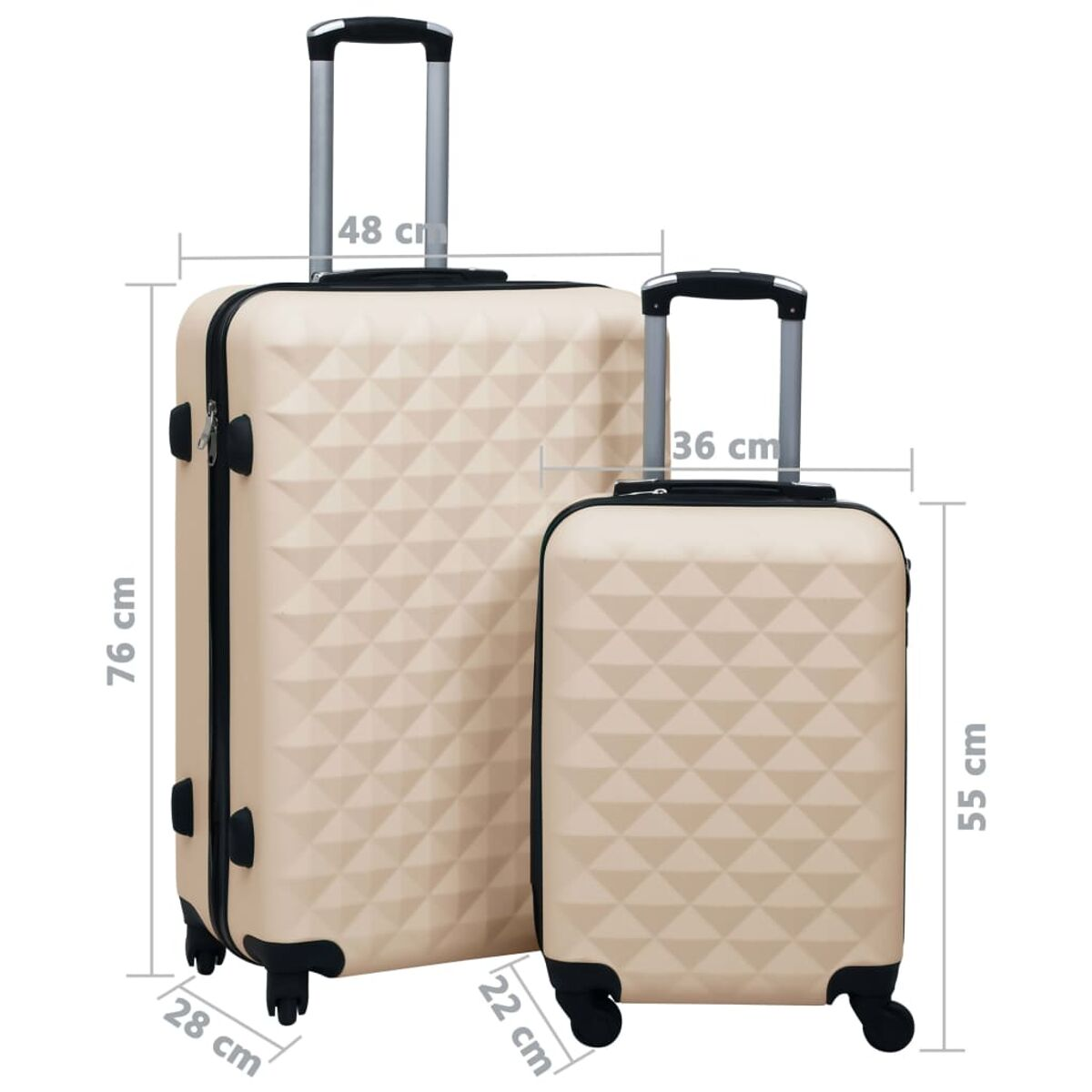 Due valigie color crema con motivo a rombi, una grande (76x48x28cm) e una piccola (55x36x22cm).