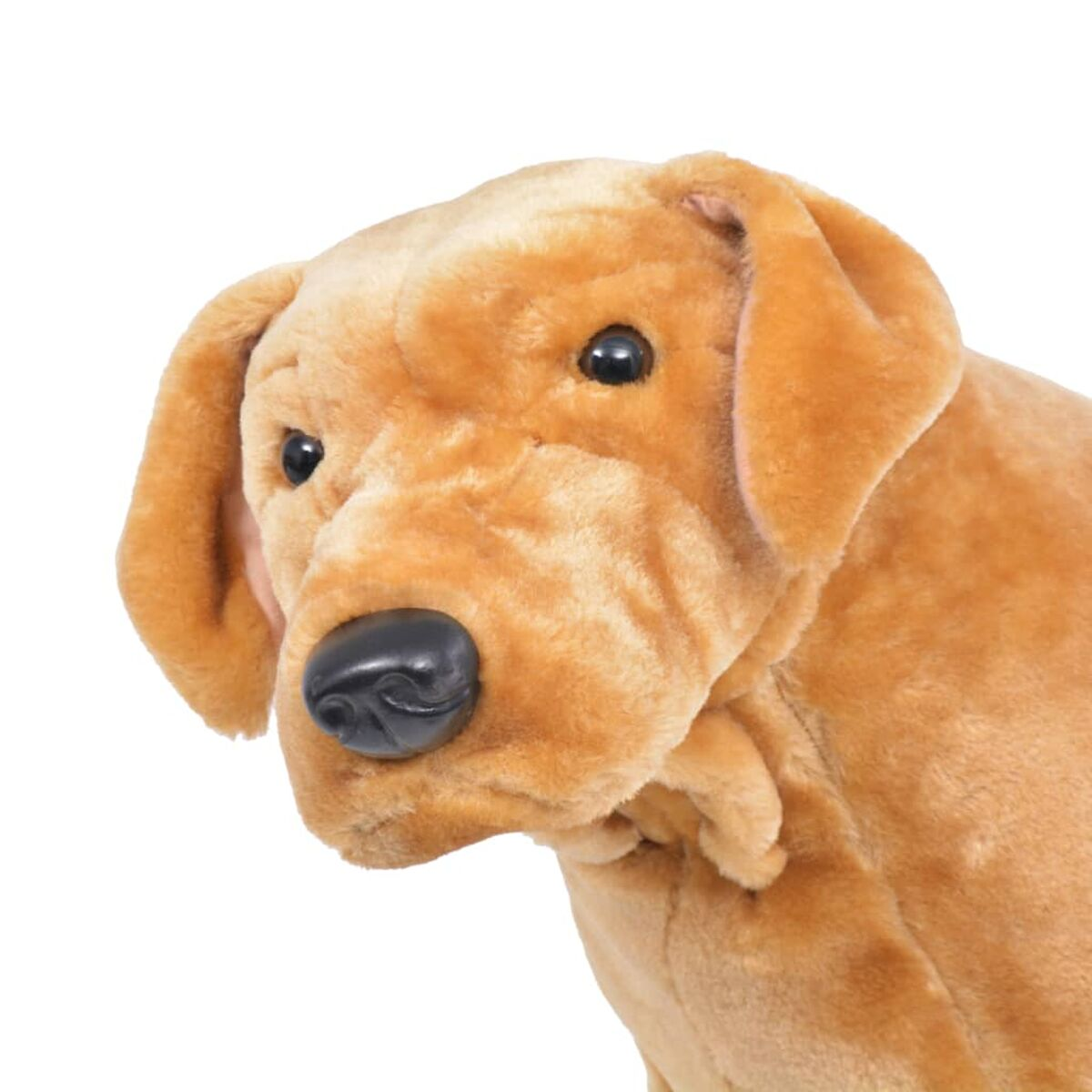 Ein braunes Plüschhundespielzeug mit schwarzen Augen und Nase, weißer Hintergrund.