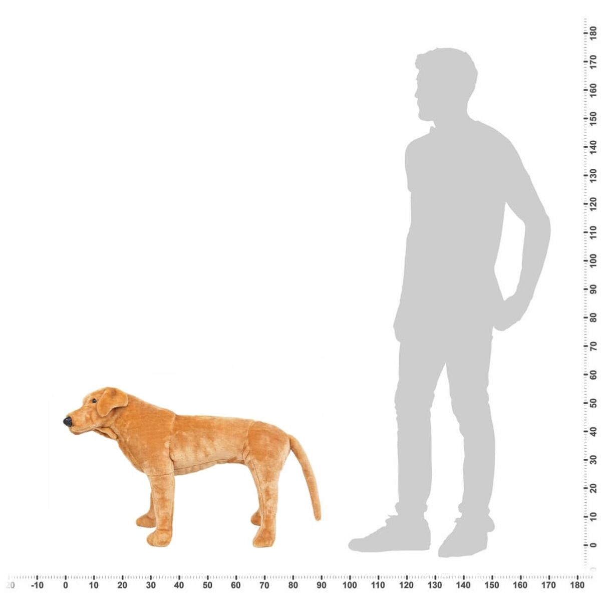Ein orangefarbener Stoffhund steht neben einer stilisierte Silhouette eines Mannes.