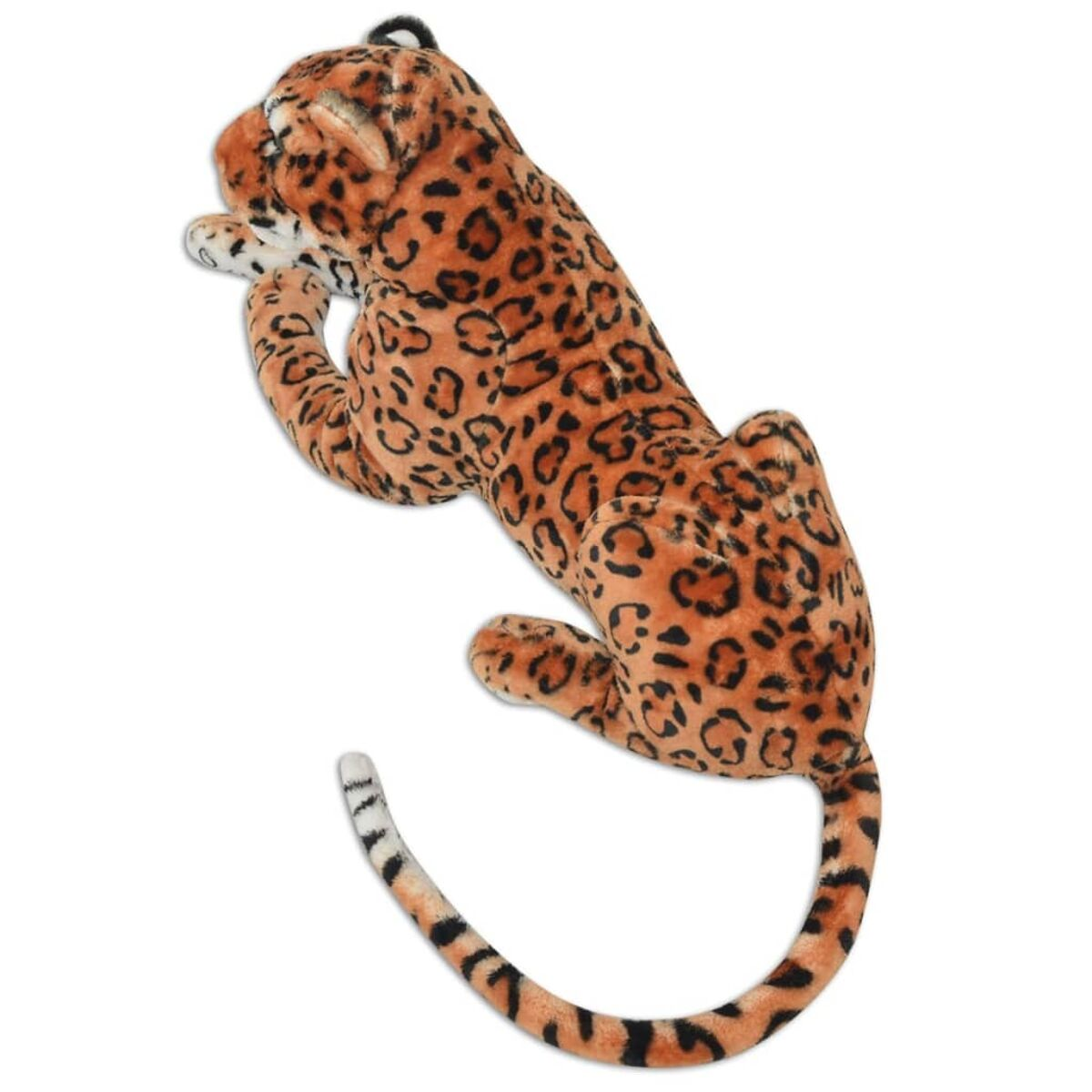 Ein braunes Plüschtier-Leoparden mit schwarzen Flecken liegt auf weißem Hintergrund.