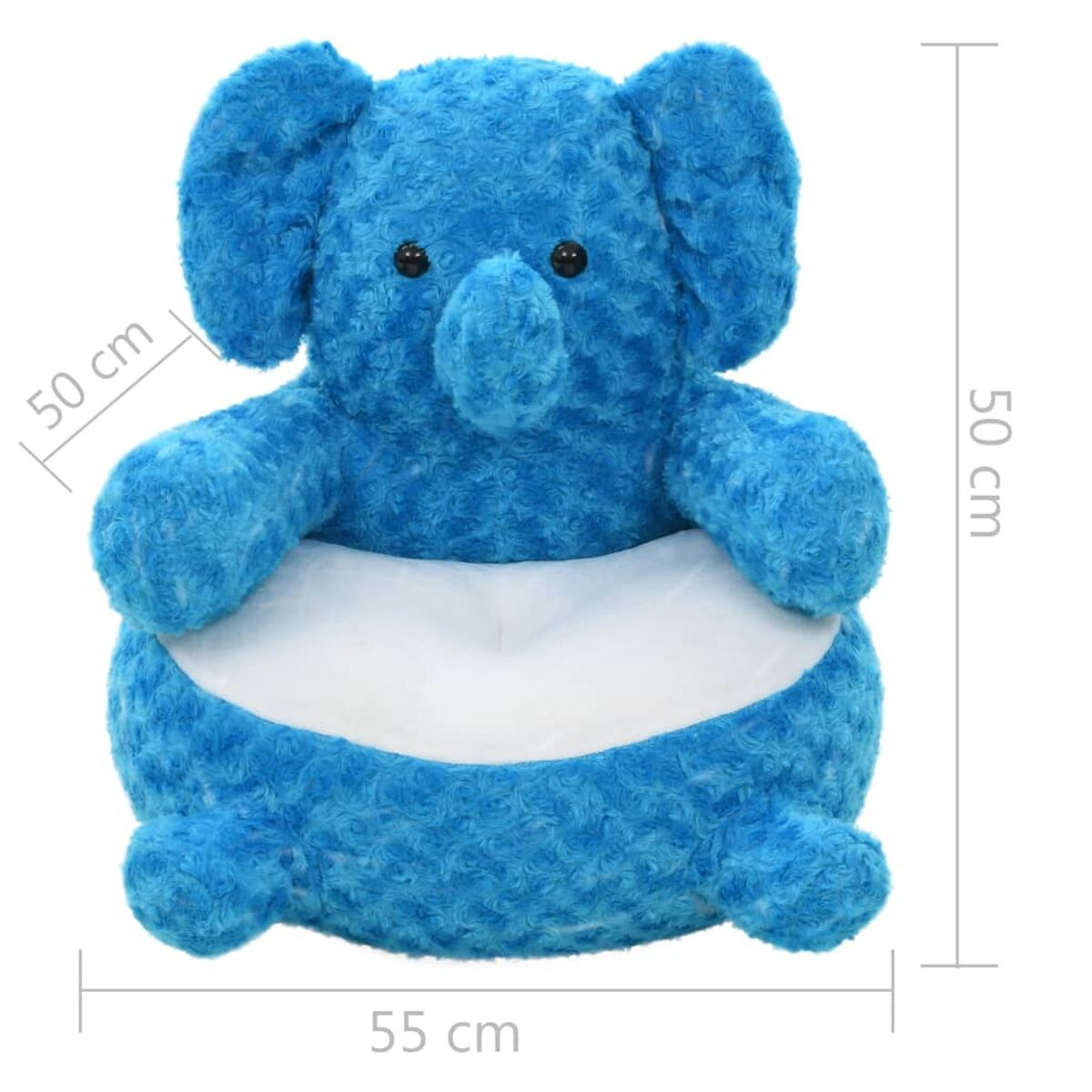Ein blauer Elefanten-Sitzsack für Kinder mit Maßen von 50x55 cm.