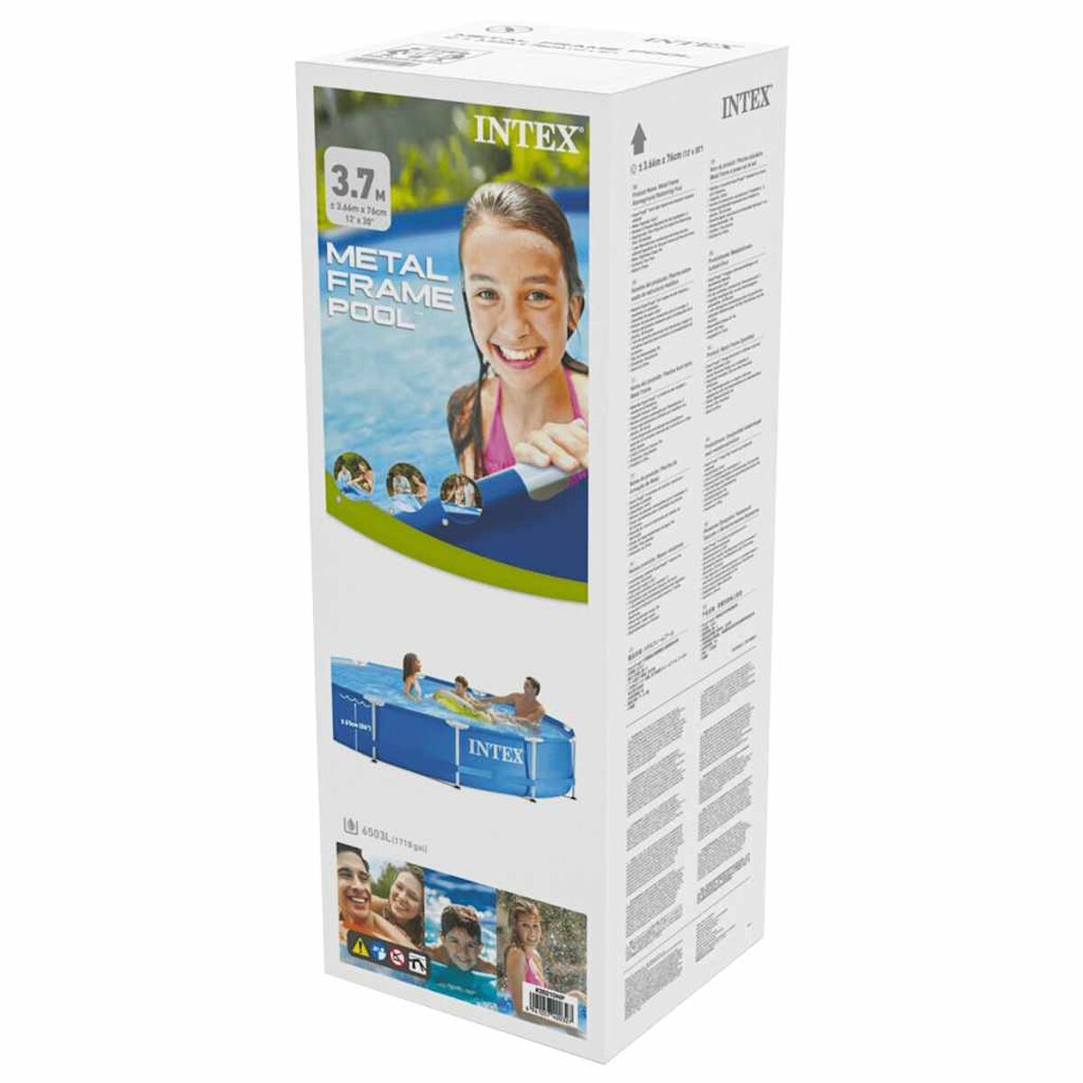 Zestaw basenu naziemnego w pudełku, ze zdjęciem basenu w użyciu i uśmiechniętą dziewczynką z przodu.