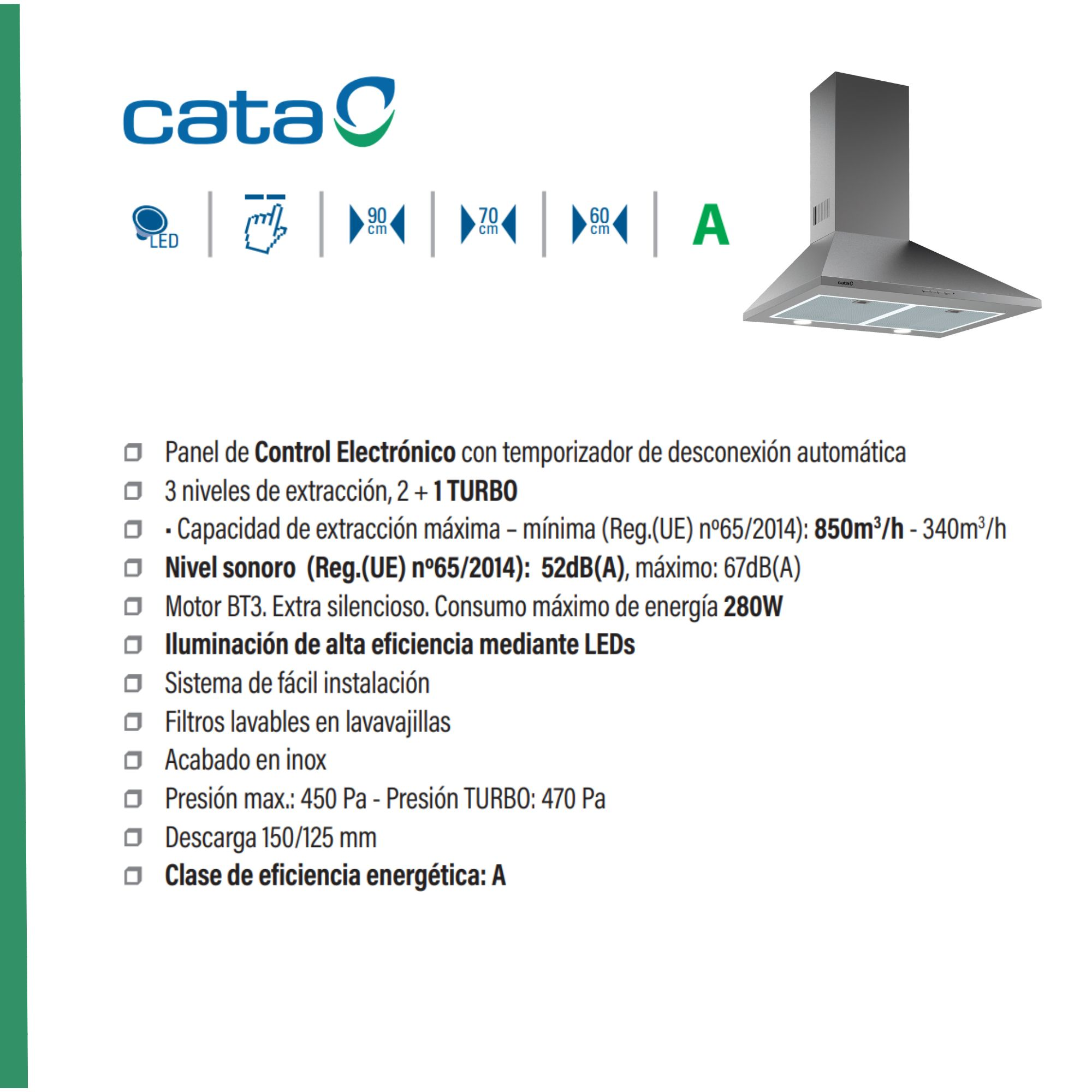 Diagrama de campana extractora Cata con características, incluyendo iluminación LED y clase energética A.
