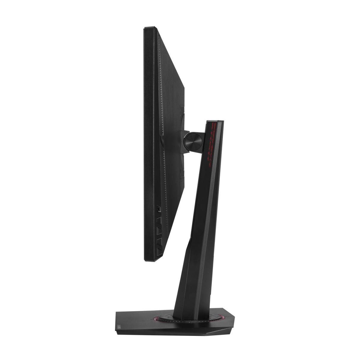 Un monitor de ordenador negro en vista de perfil sobre un soporte negro, contra un fondo blanco.