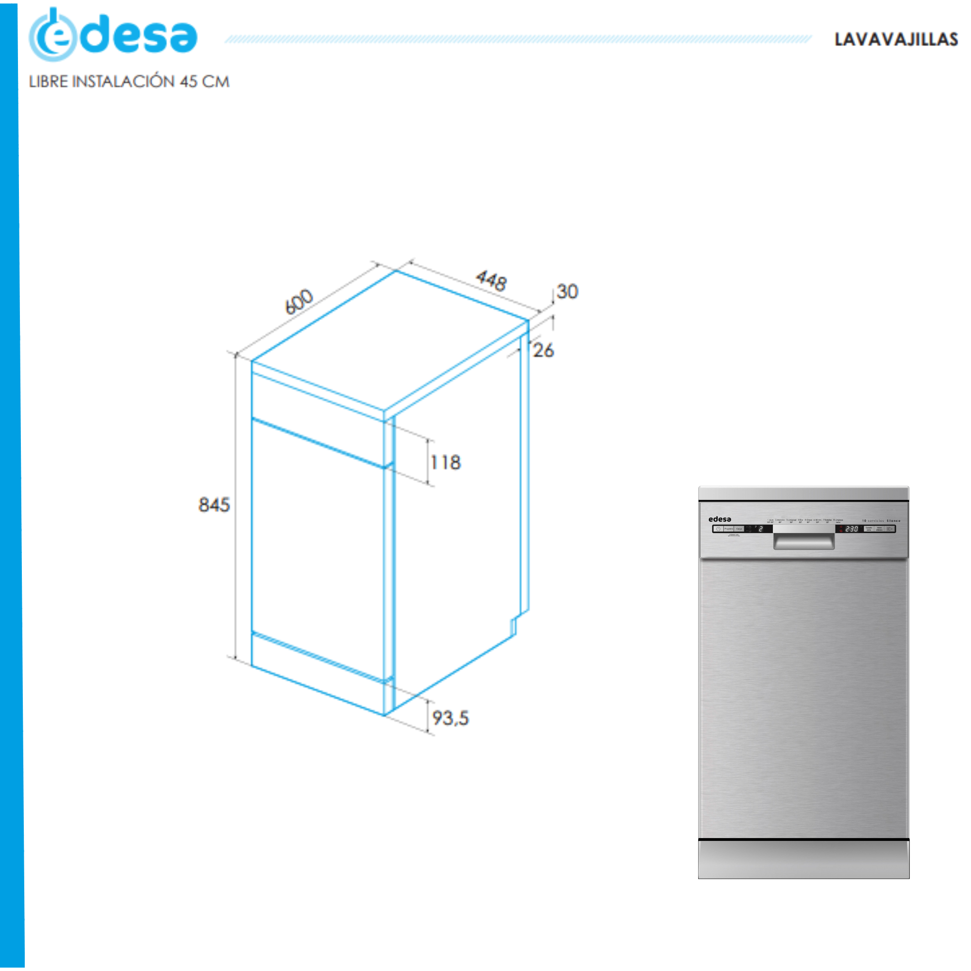 Diagrama de un lavavajillas con dimensiones. Un electrodoméstico real está a la derecha. Fondo blanco.