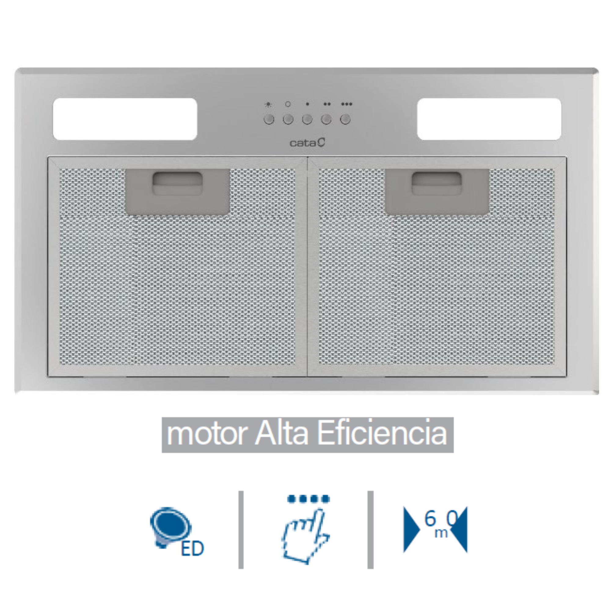 Una campana extractora de cocina de acero inoxidable con luces y controles. Tiene dos filtros de malla y el logo CataC.