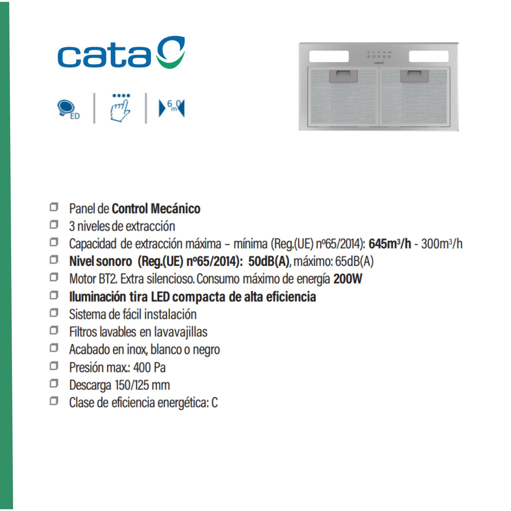 Primer plano de campana con botones y descripciones. Fondo blanco con información del producto.