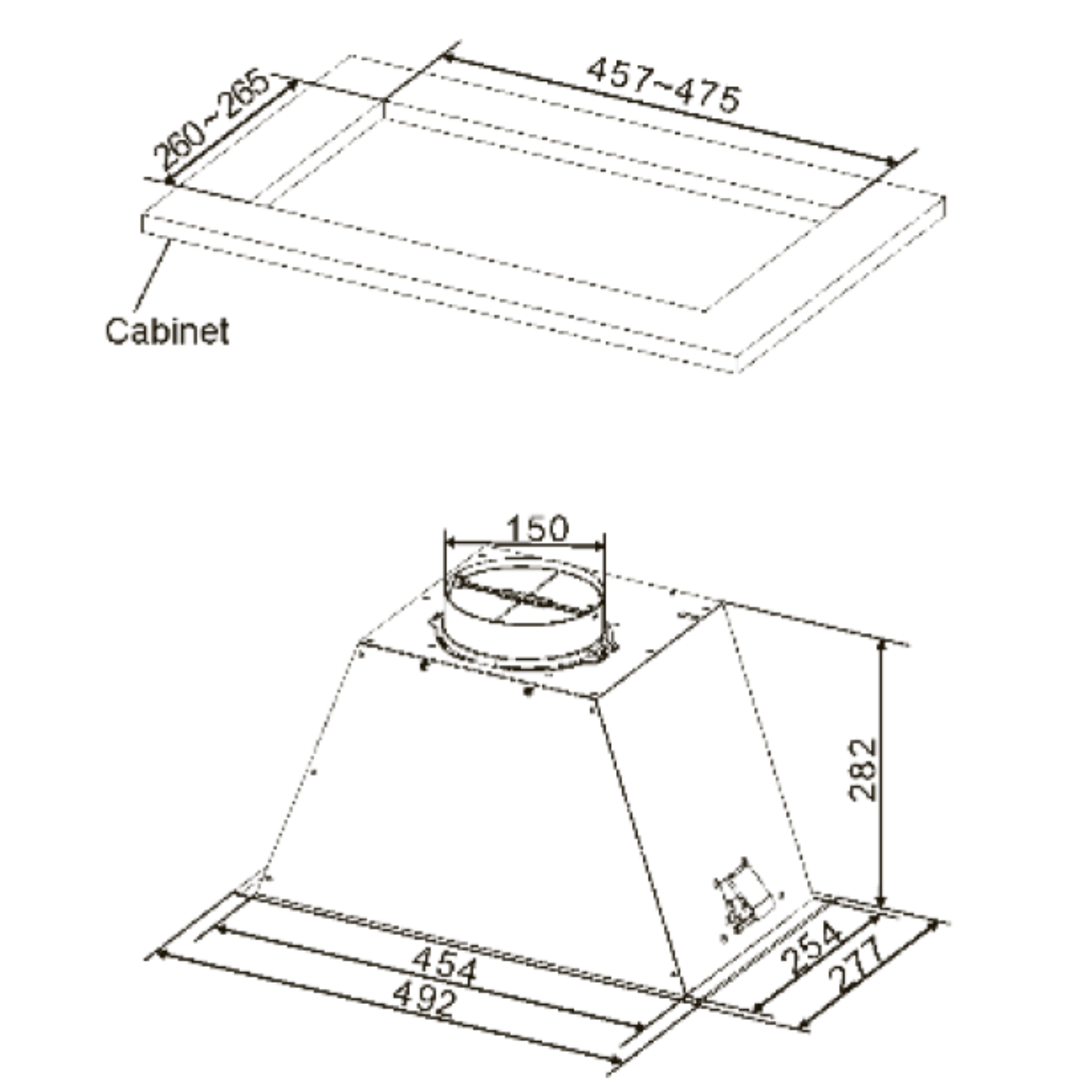 Dibujo técnico de una campana extractora, con dimensiones etiquetadas y un armario.