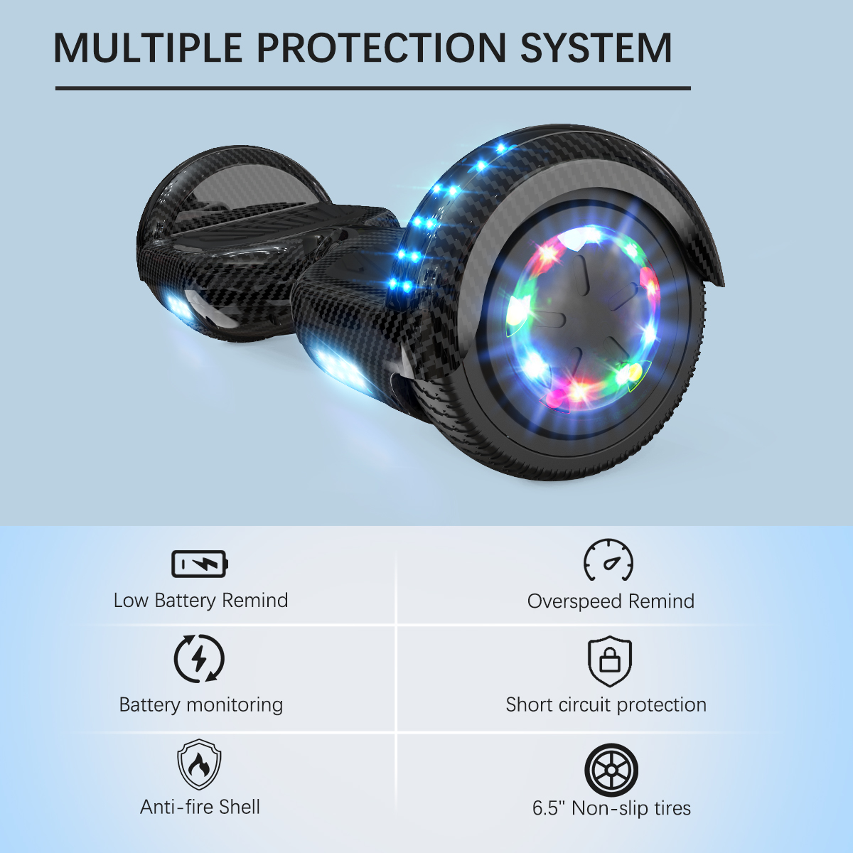 Schwarzes Hoverboard mit blauen und bunten Lichtern und Symbolen darunter.