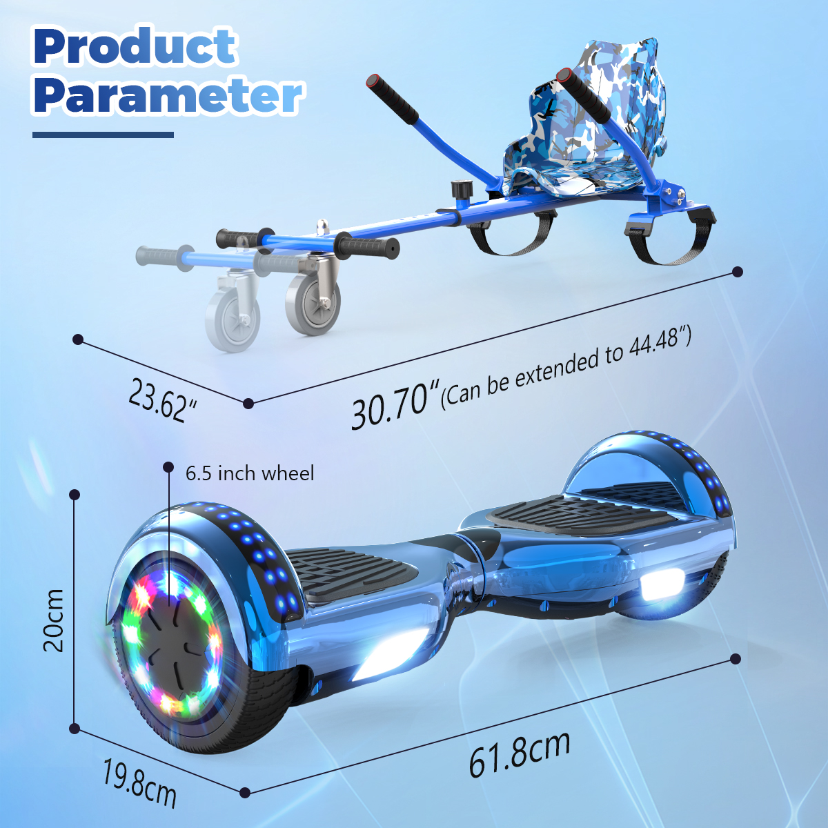 Blaues Hoverboard mit Sitz und überlagerten Abmessungen. Räder haben bunte Lichter.
