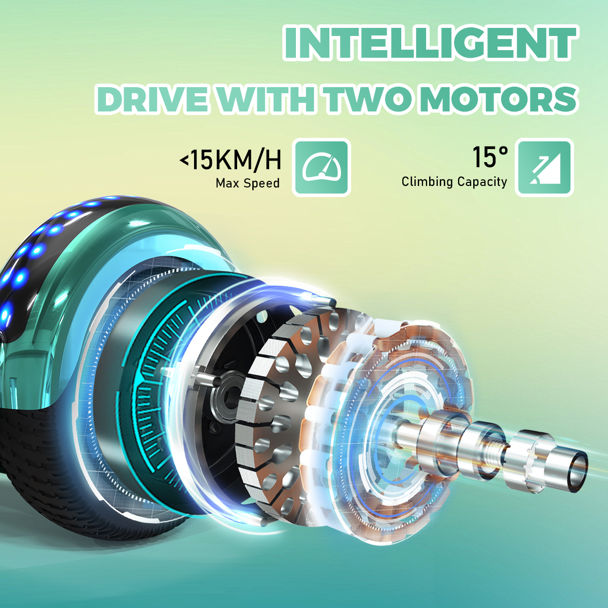 Elementy skutera elektrycznego, z dwoma silnikami. Cechy: prędkość maks. <lt/>15 km/h, zdolność wznoszenia 15°.
