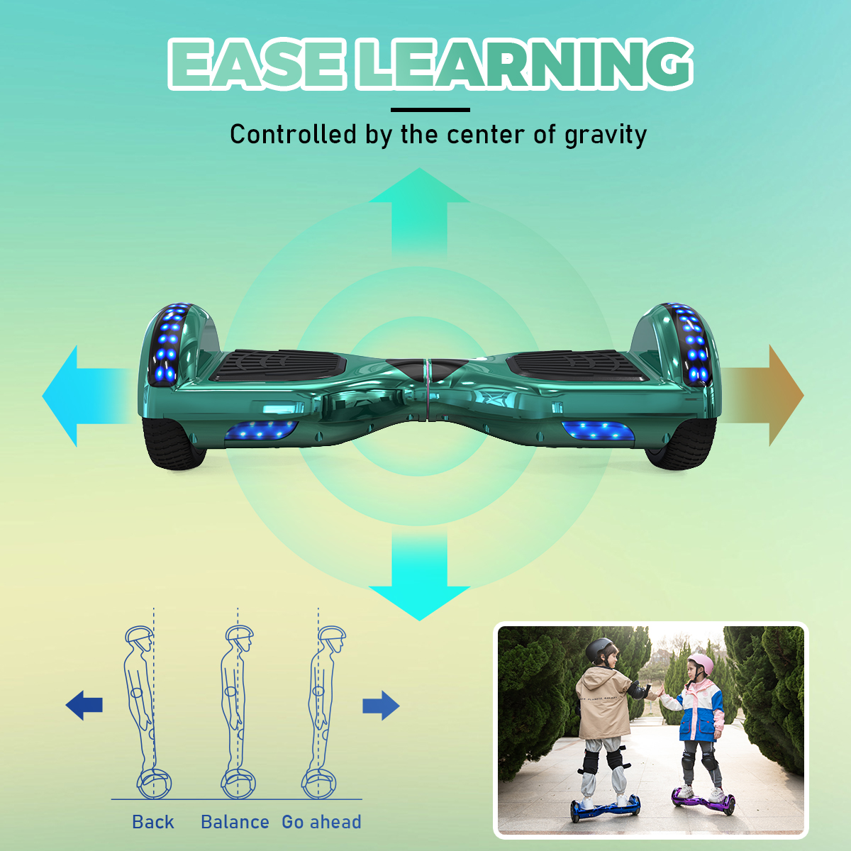 Turkusowa deska hoverboard i dwoje dzieci na deskach, ze strzałkami i diagramami.
