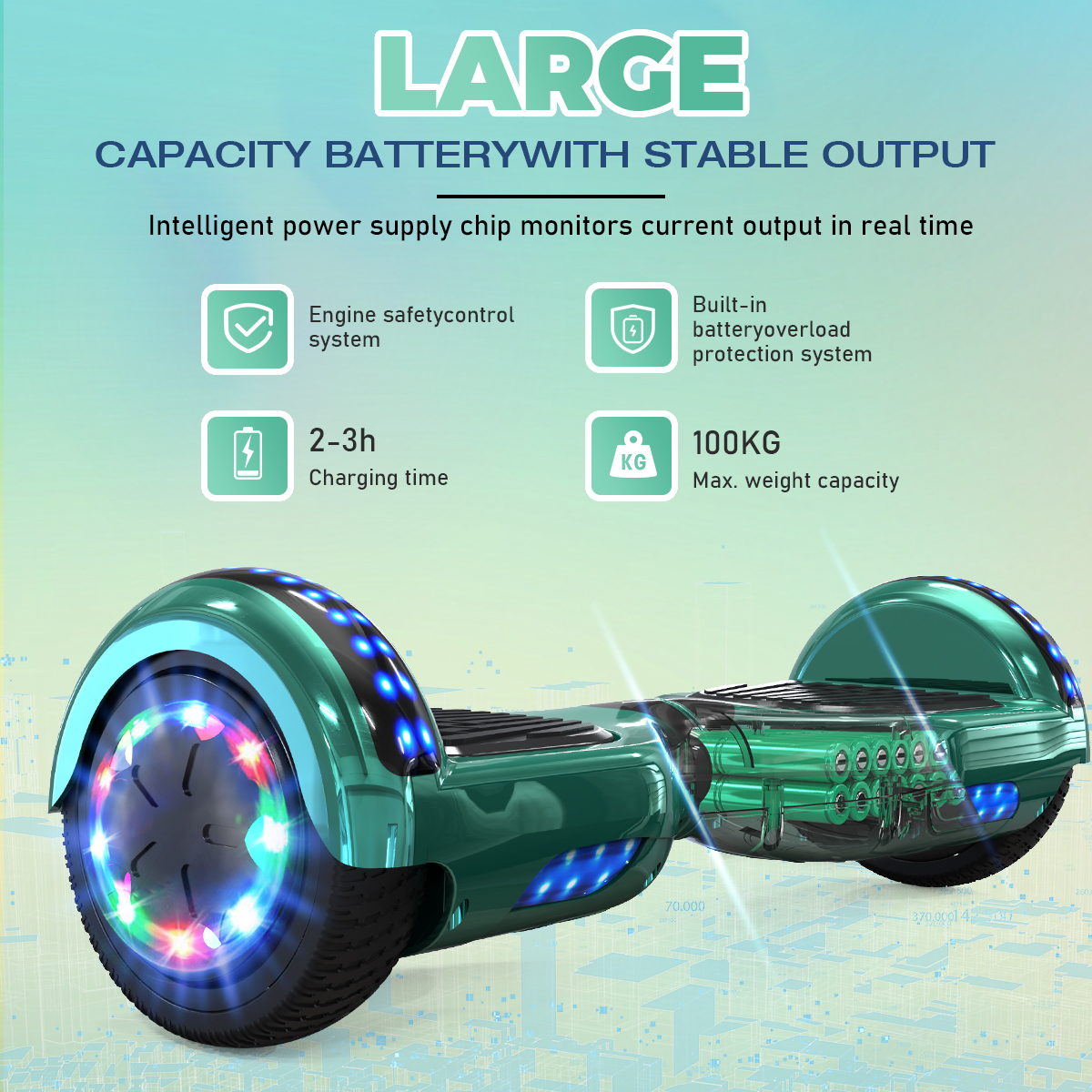 Zielona deskorolka z kolorowymi światłami i tekstem o baterii, czasie ładowania i wadze.