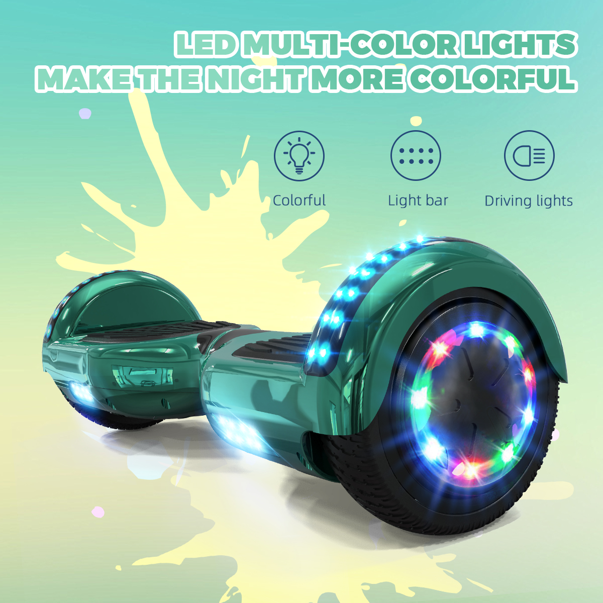 Zielony hoverboard ze światłami. Kolorowe światła na kołach i górze. Białe tło.