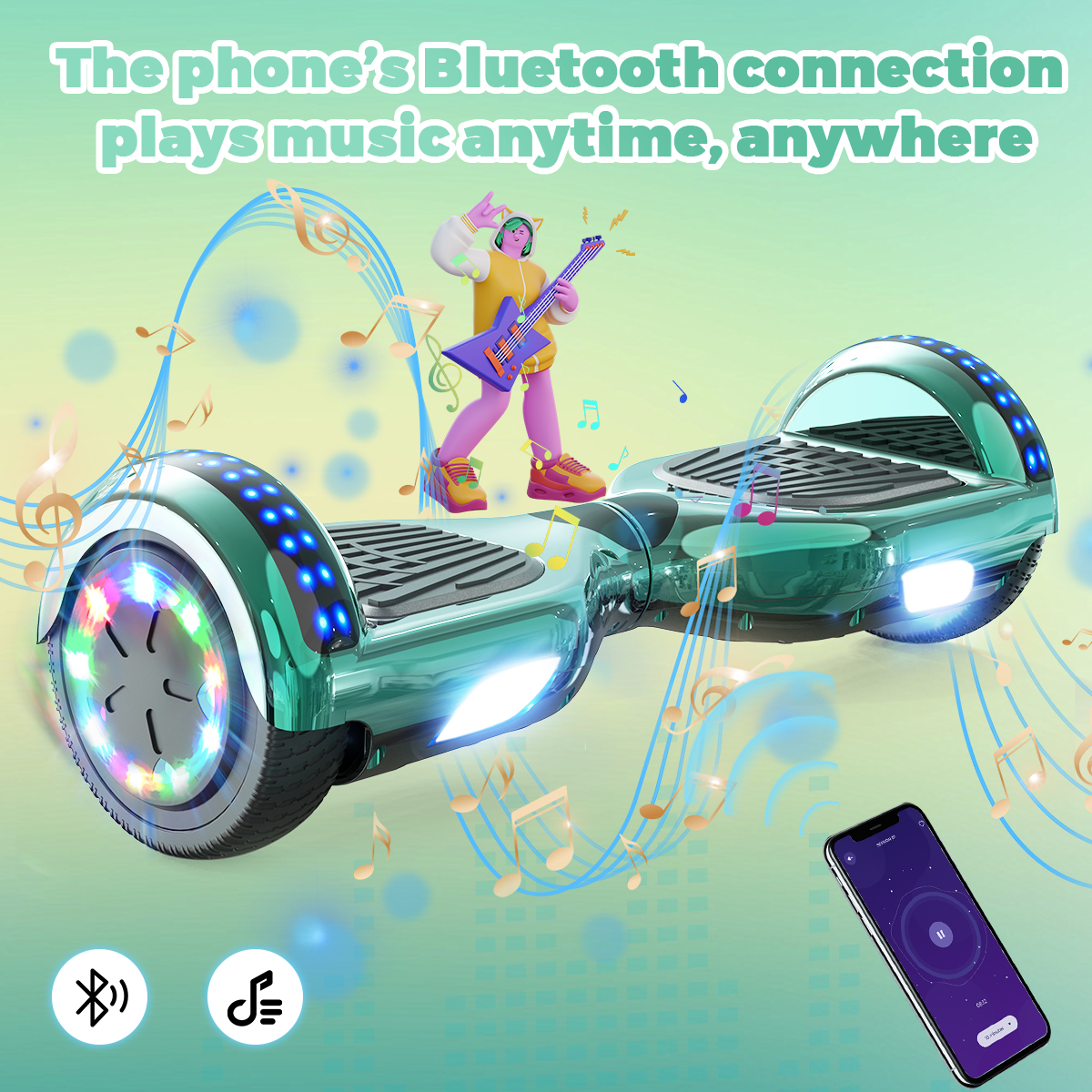 Hoverboard ze światłami, osoba grająca na gitarze i telefon z kontrolą muzyki.