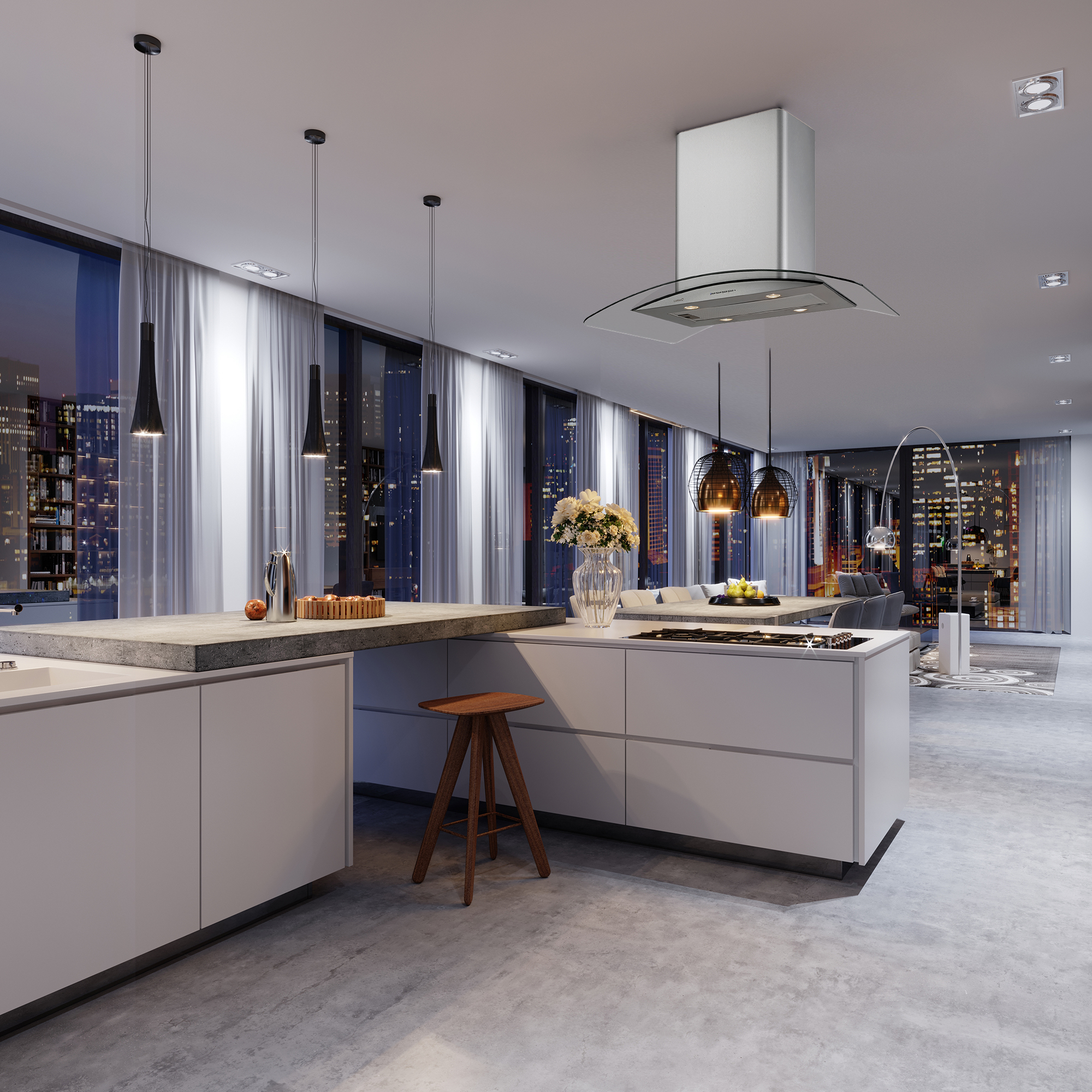 Una cucina moderna con mobili e isola bianchi. Grandi finestre con vista sulla città. Tre lampade a sospensione.