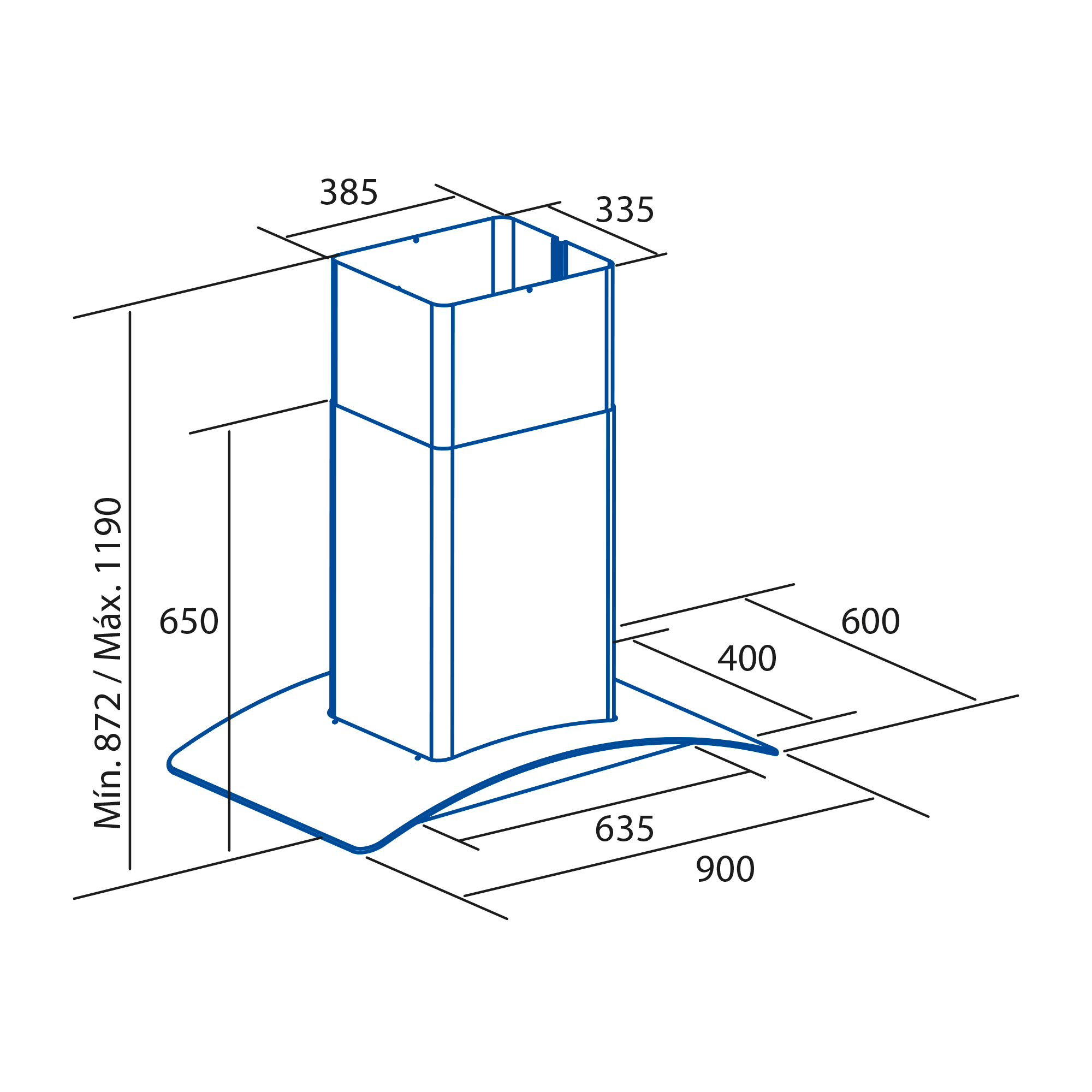 Diagramma di una cappa con dimensioni in millimetri, che mostra forma e dimensioni.