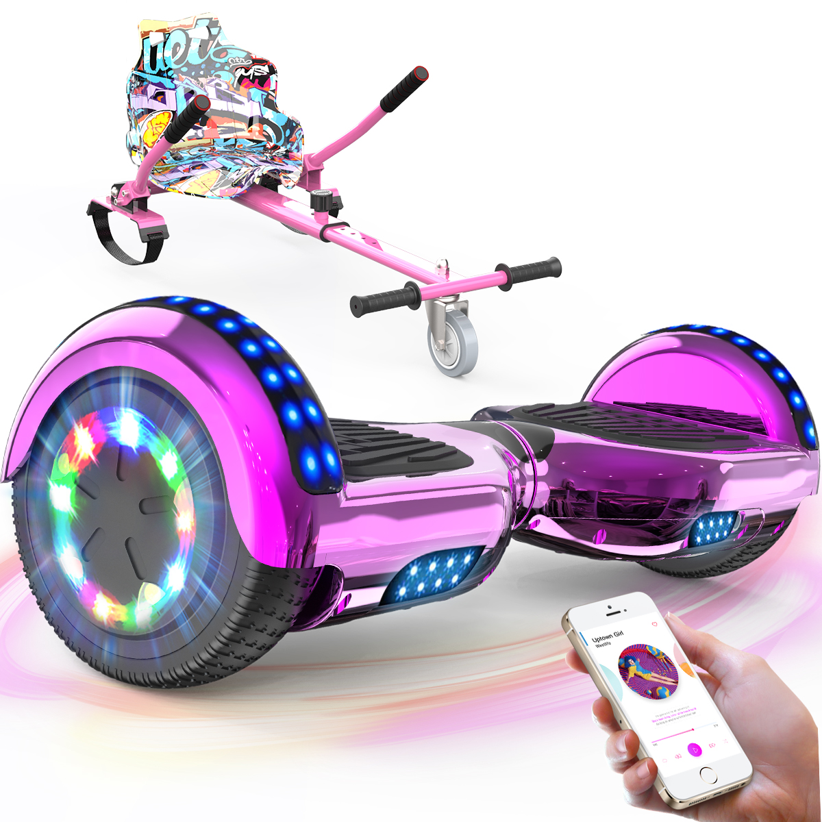 Pinkes Hoverboard mit Sitz, eine Hand hält ein Telefon, und ein weißer Hintergrund.
