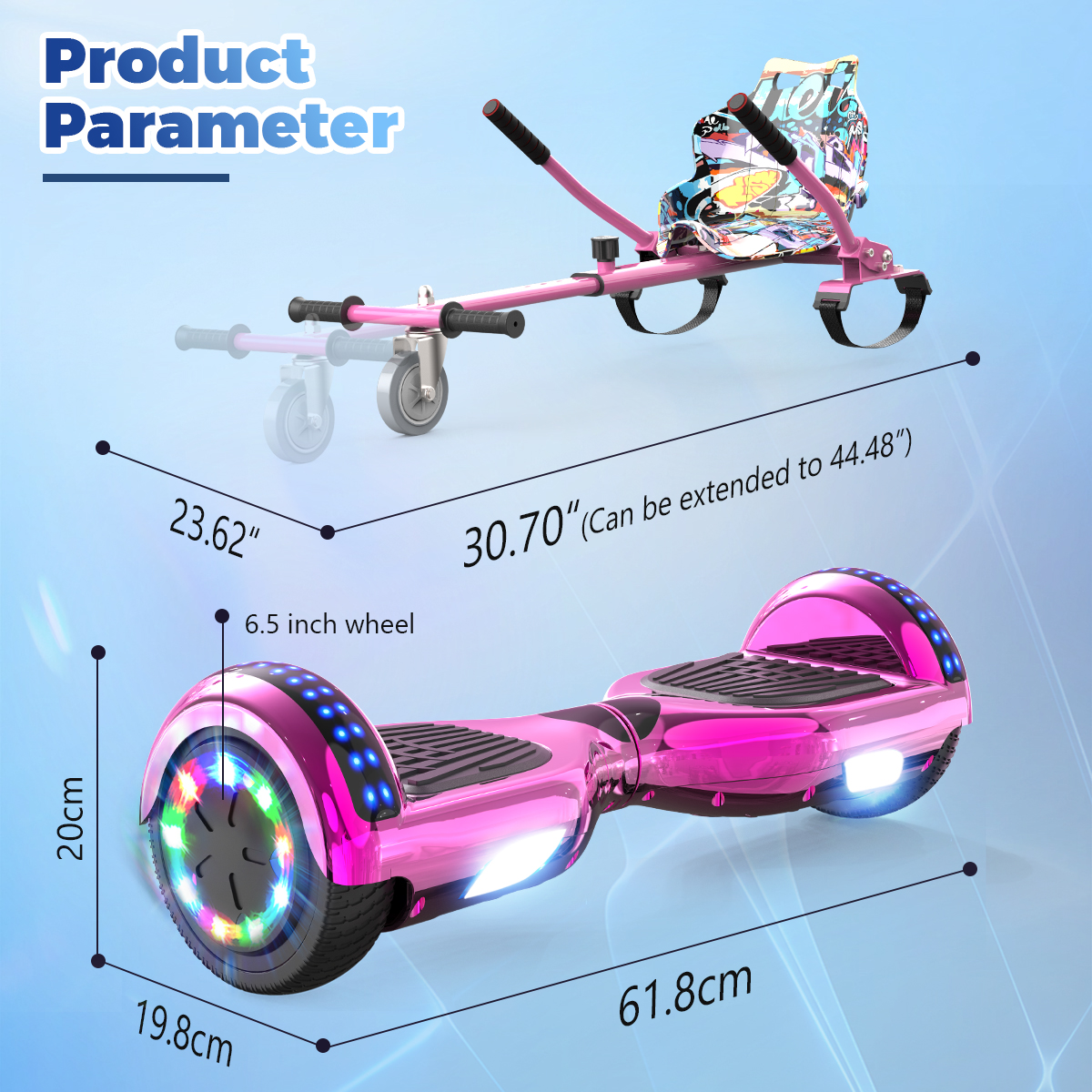 Rosa Hoverboard und Roller mit Maßangaben auf blauem Hintergrund.