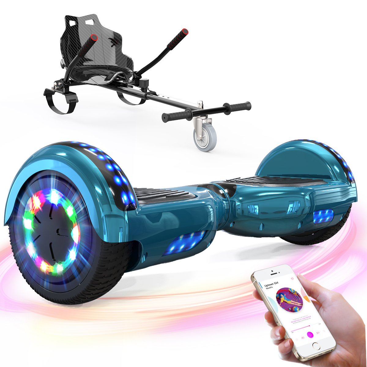 Blaues Hoverboard mit Sitz, Lichtern und einer Hand, die ein Musik abspielendes Telefon hält.