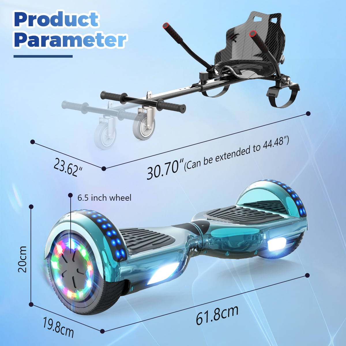 Blaues Hoverboard mit befestigtem schwarzem Sitz. Abmessungen und Produktparameter beschriftet.