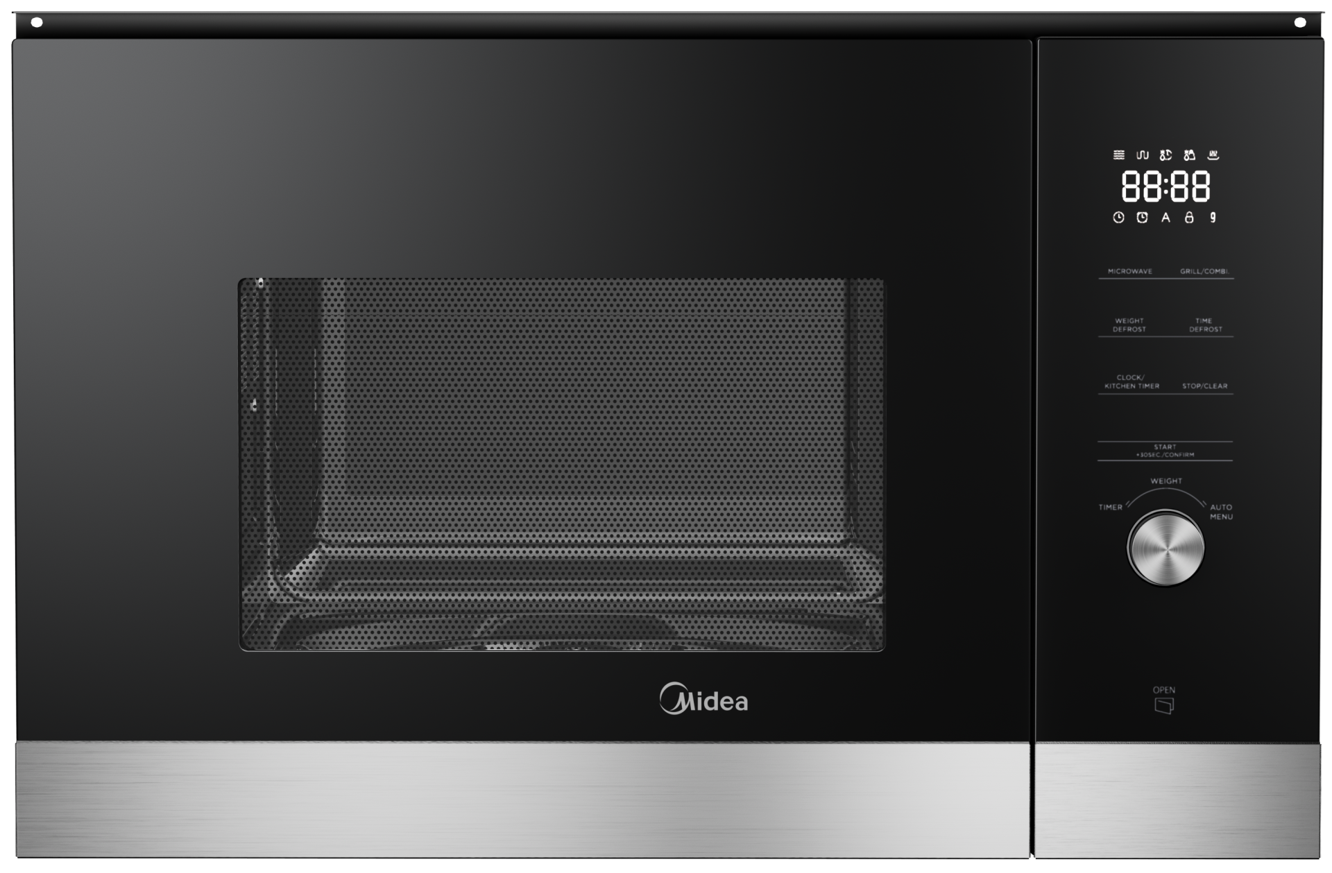 Microondas Midea negro con pantalla digital, mostrando la hora. Incluye grill y menú automático.
