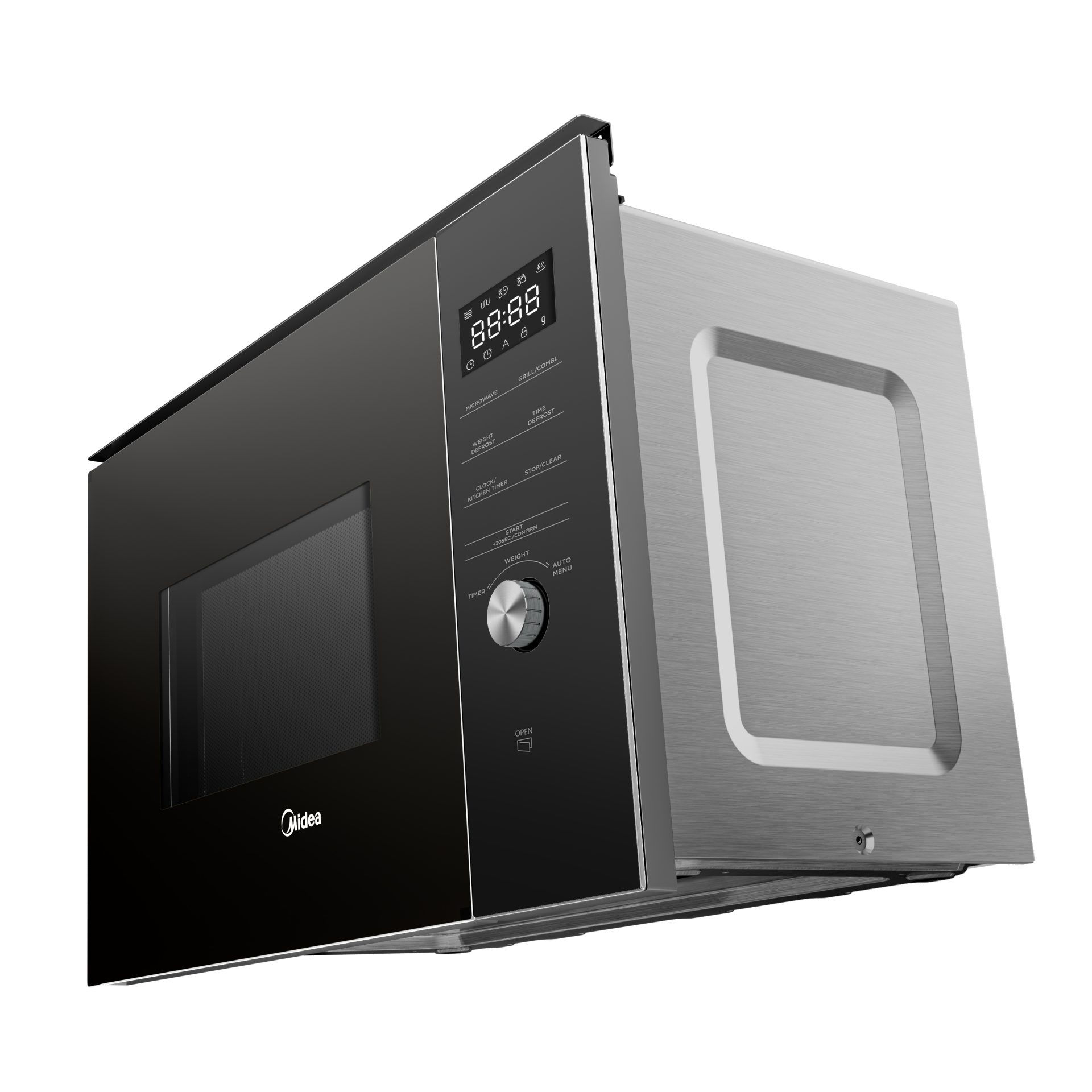Microondas negro con puerta abierta. Pantalla digital y panel de control visibles. Interior acero inox.